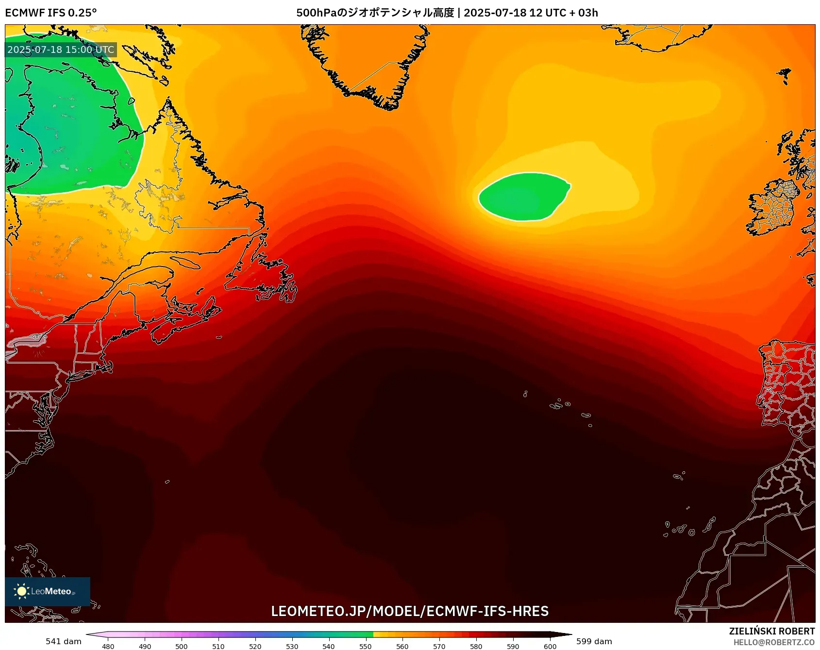 ECMWF IFS 0.25° model - 北大西洋, 500hPaのジオポテンシャル高度