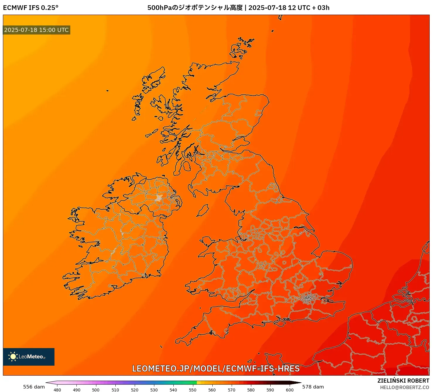 ECMWF IFS 0.25° model - イギリス, 500hPaのジオポテンシャル高度