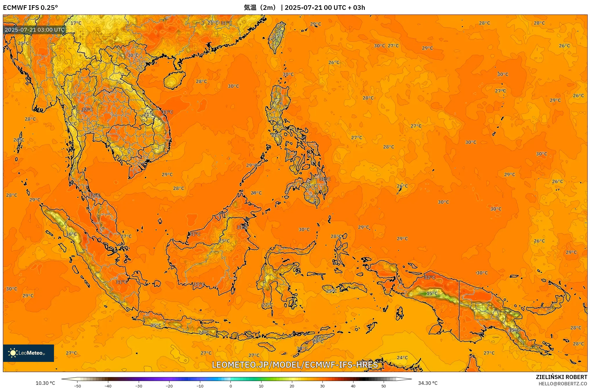 ECMWF IFS 0.25° model - 東南アジア, 気温(2m) ECMWF IFS 0.25° model - 東南アジア, 気温(2m)