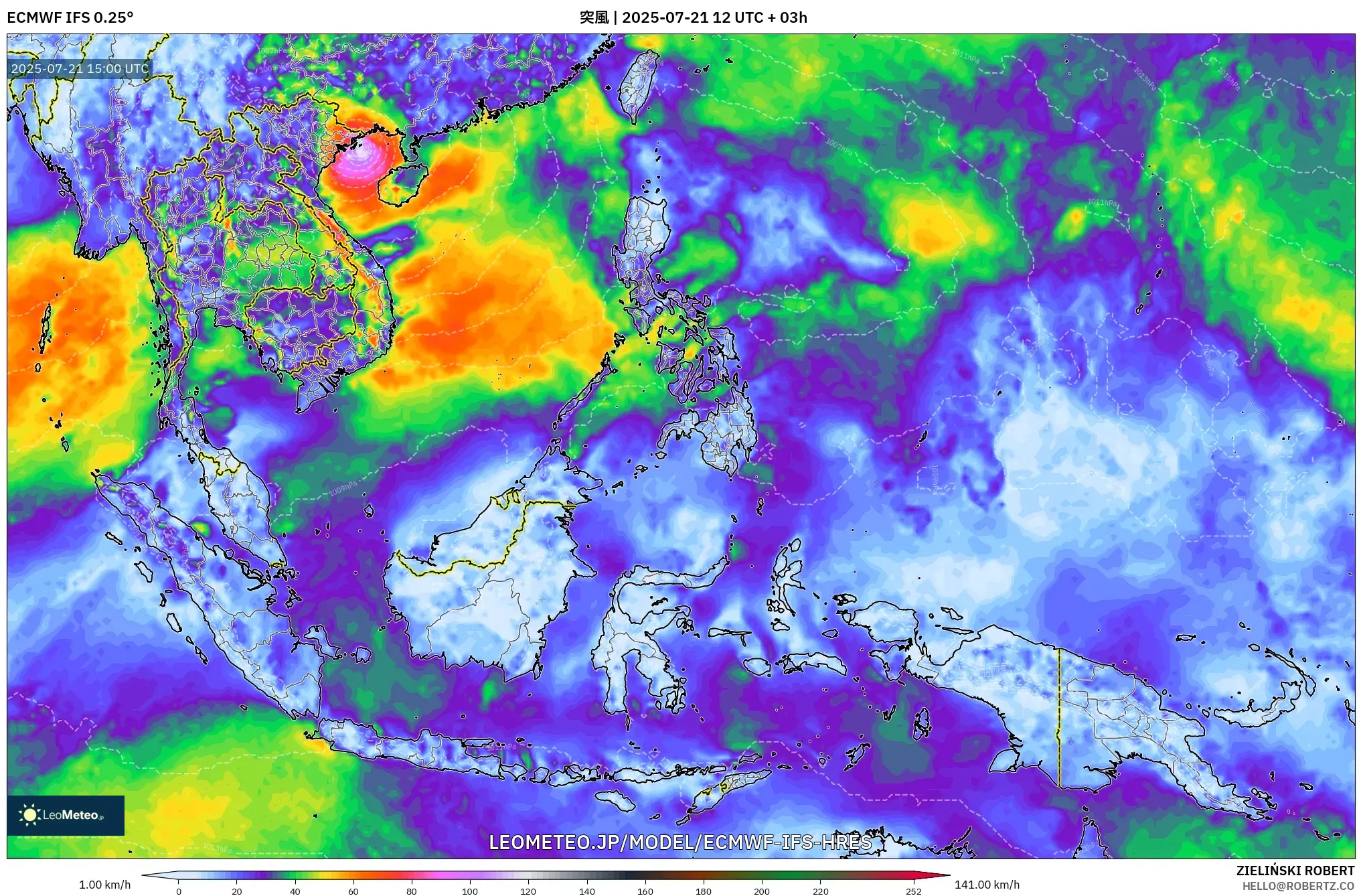 ECMWF IFS 0.25° model - 東南アジア, 突風 ECMWF IFS 0.25° model - 東南アジア, 突風