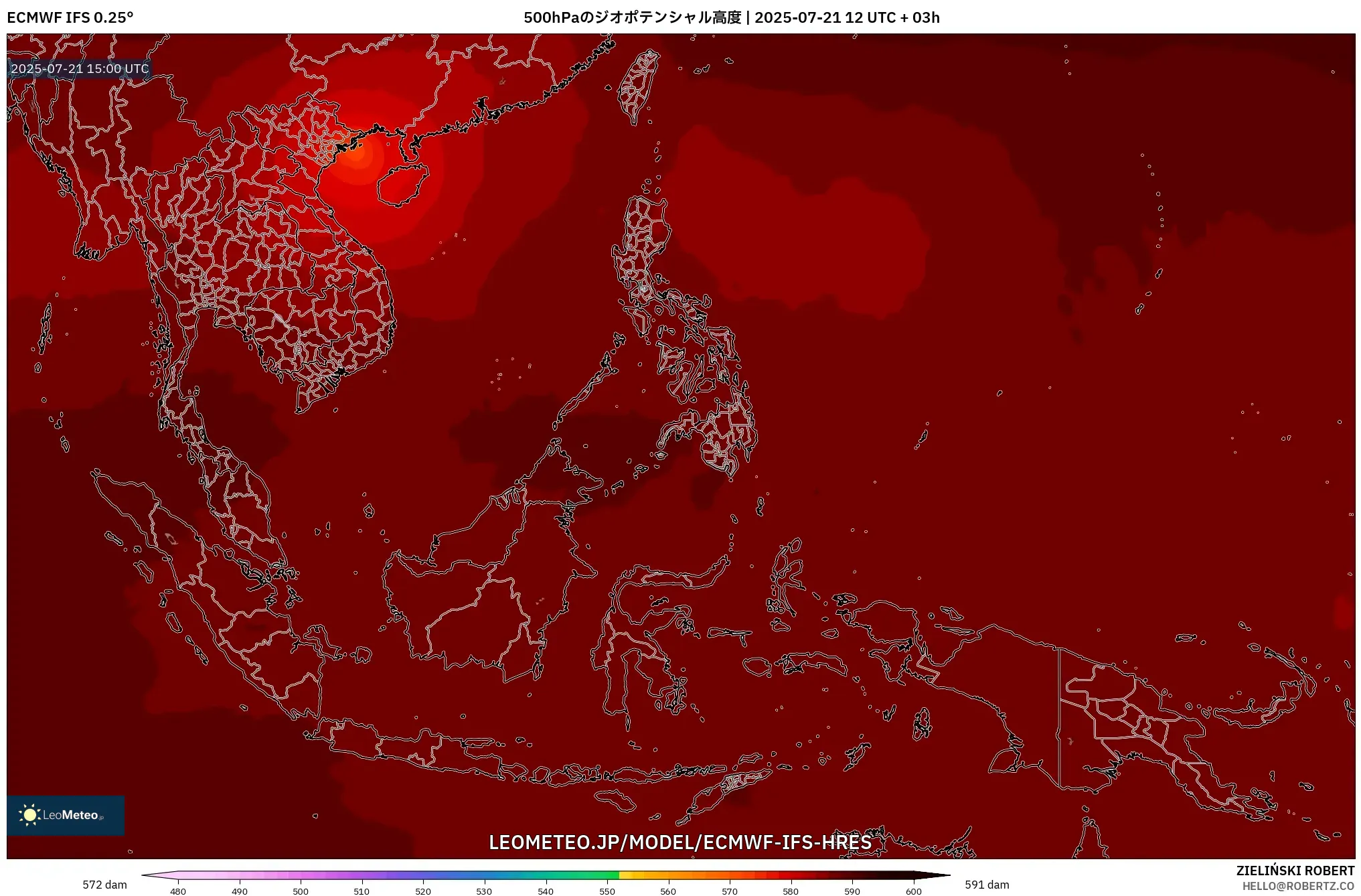ECMWF IFS 0.25° model - 東南アジア, 500hPaのジオポテンシャル高度 ECMWF IFS 0.25° model - 東南アジア, 500hPaのジオポテンシャル高度