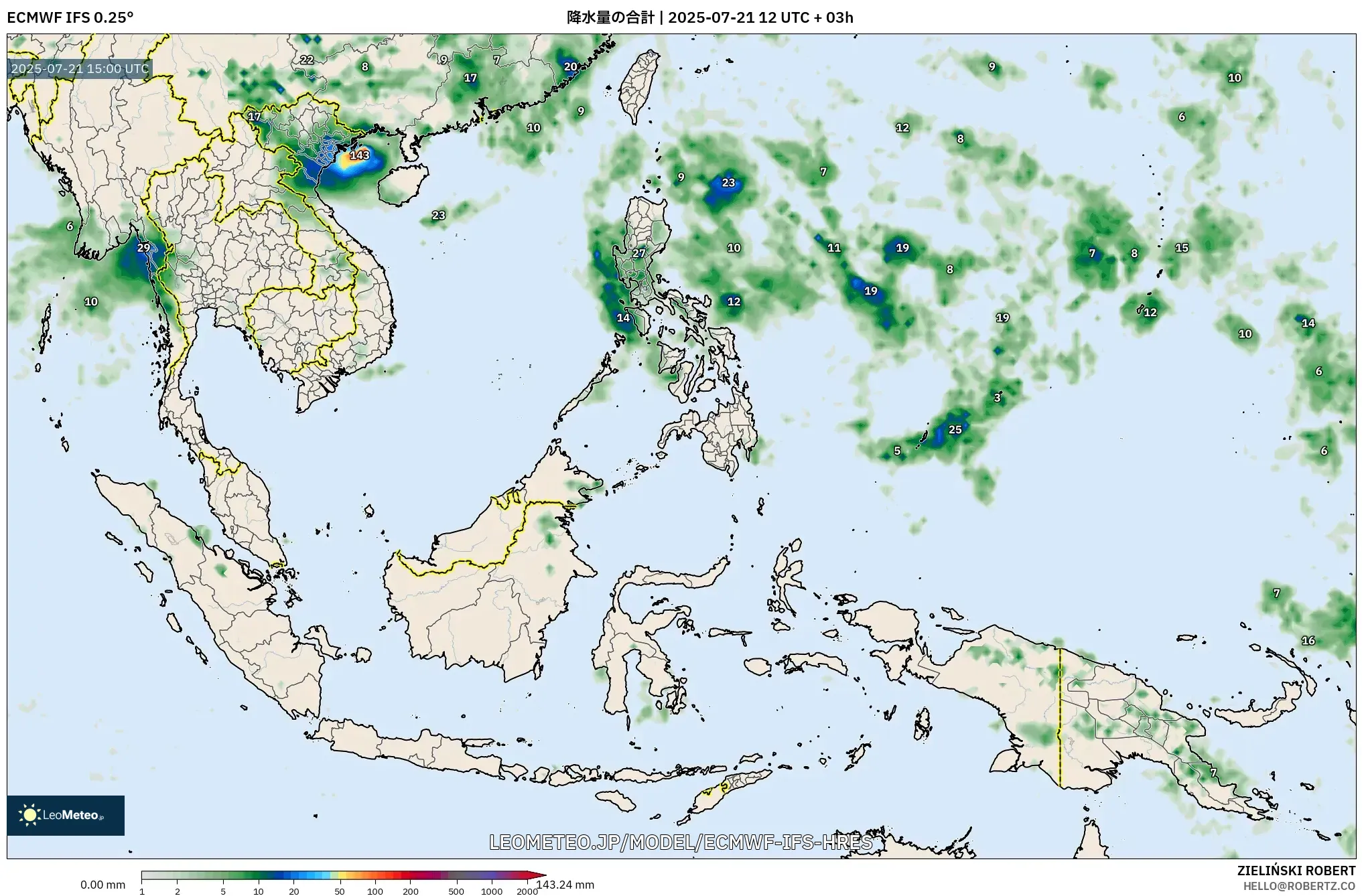 ECMWF IFS 0.25° model - 東南アジア, 降水量の合計