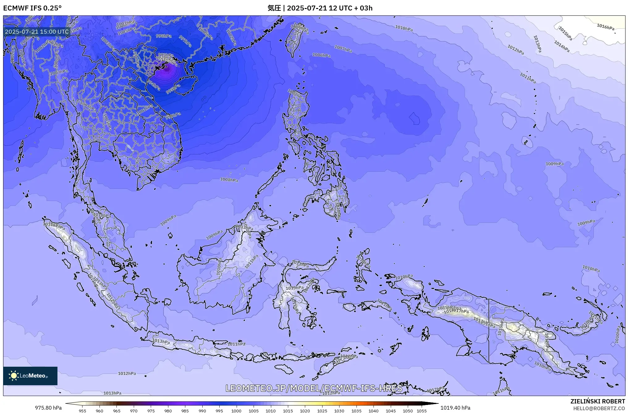 ECMWF IFS 0.25° model - 東南アジア, 気圧 ECMWF IFS 0.25° model - 東南アジア, 気圧