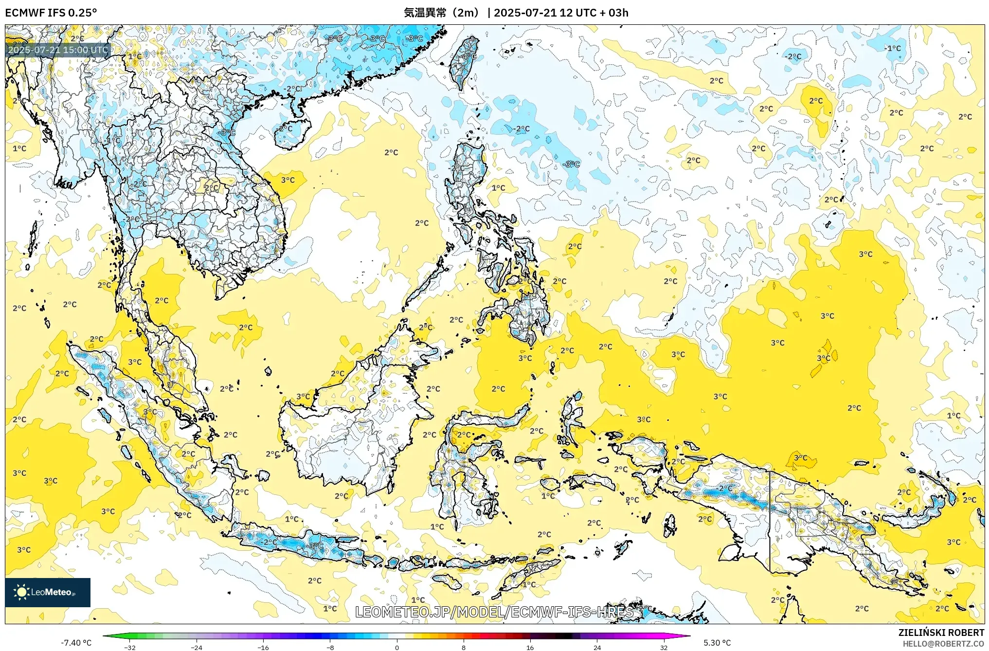 ECMWF IFS 0.25° model - 東南アジア, 気温異常(2m) ECMWF IFS 0.25° model - 東南アジア, 気温異常(2m)