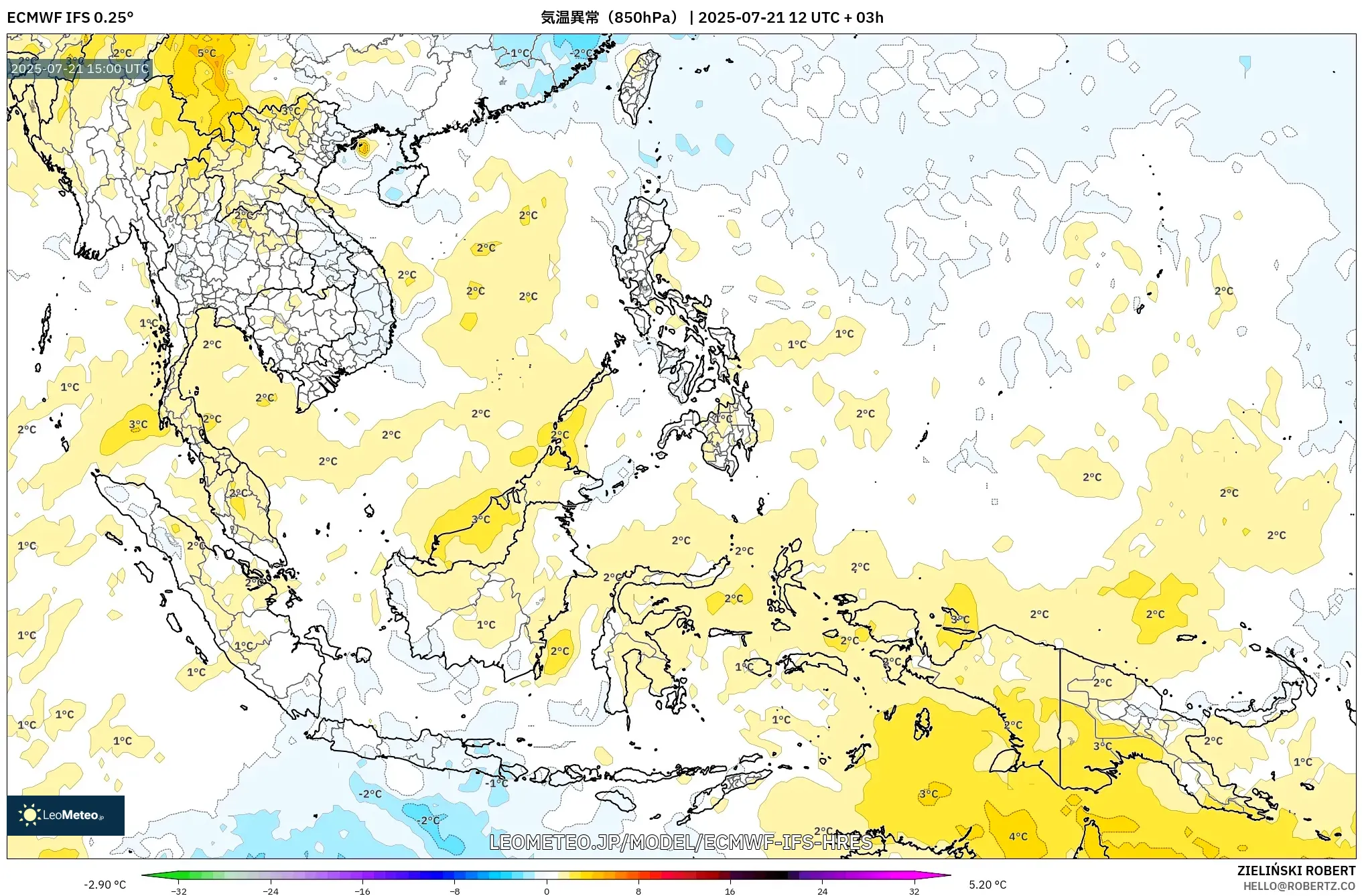 ECMWF IFS 0.25° model - 東南アジア, 気温異常（850hPa）