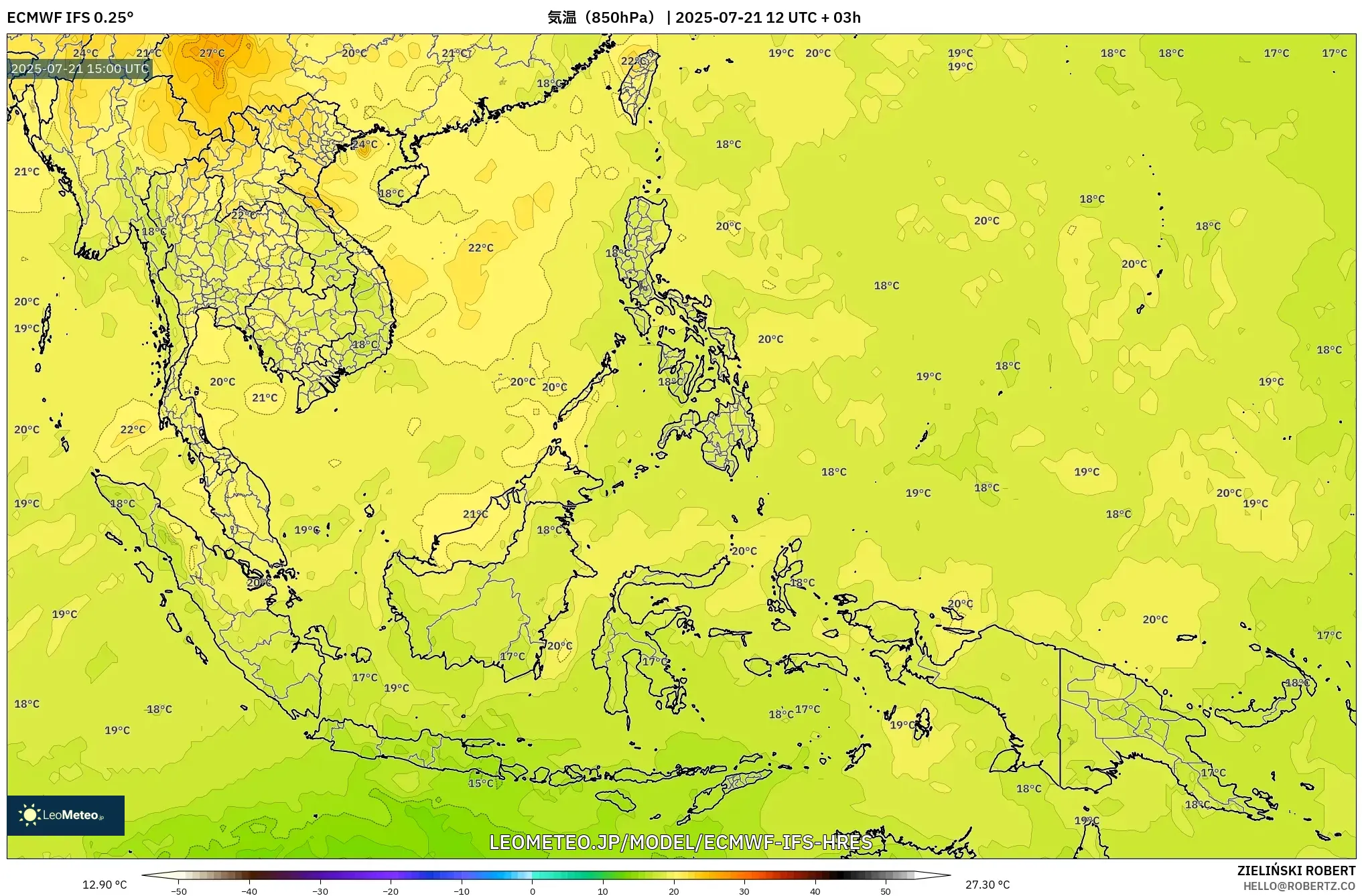 ECMWF IFS 0.25° model - 東南アジア, 気温(850hPa) ECMWF IFS 0.25° model - 東南アジア, 気温(850hPa)