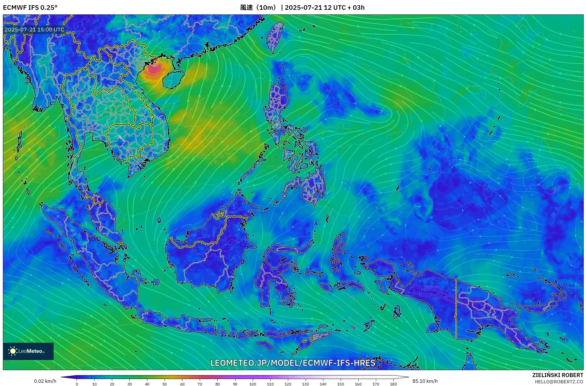 ECMWF IFS 0.25° model - 東南アジア, 風速(10m) ECMWF IFS 0.25° model - 東南アジア, 風速(10m)