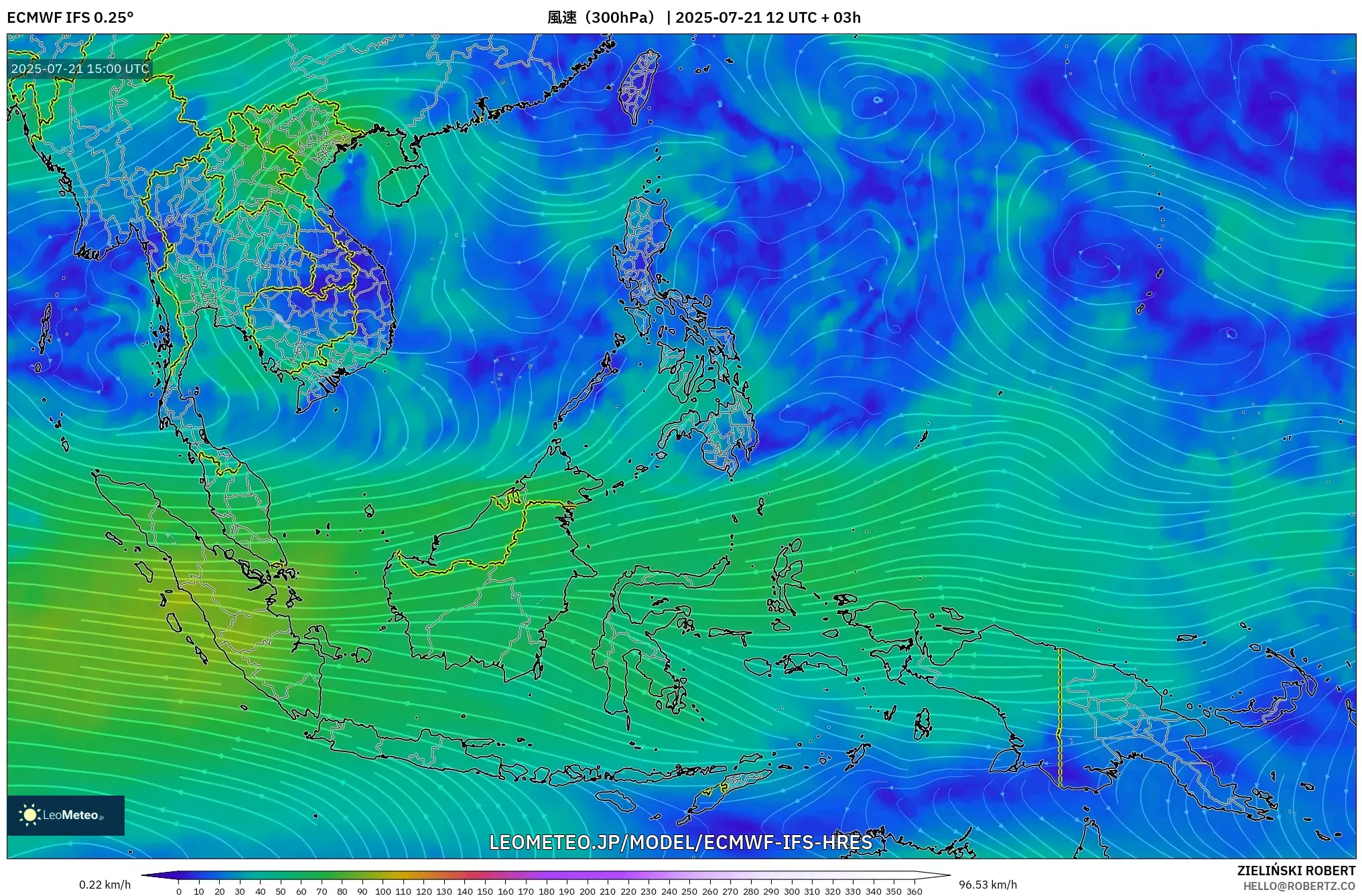 ECMWF IFS 0.25° model - 東南アジア, 風速(300hPa) ECMWF IFS 0.25° model - 東南アジア, 風速(300hPa)