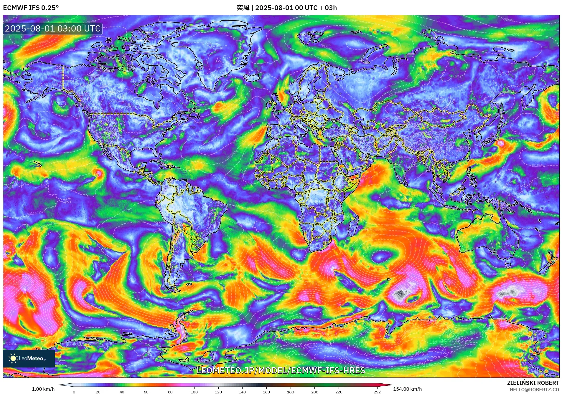 ECMWF IFS 0.25° model - 世界, 突風