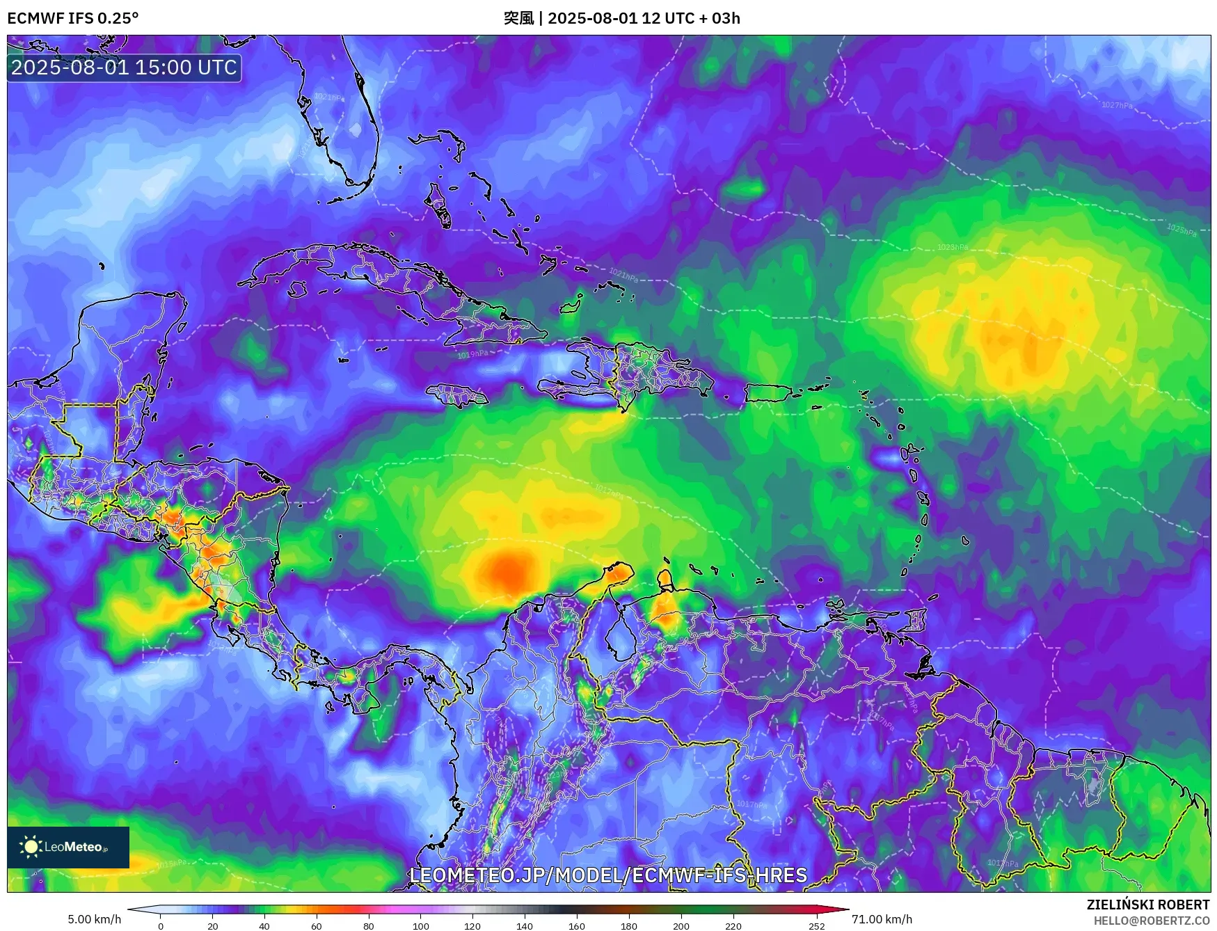 ECMWF IFS 0.25° model - カリブ海, 突風