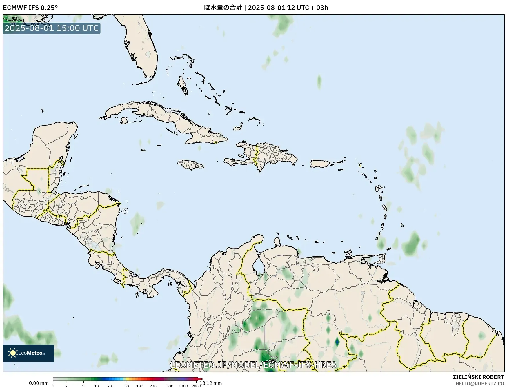 ECMWF IFS 0.25° model - カリブ海, 降水量の合計
