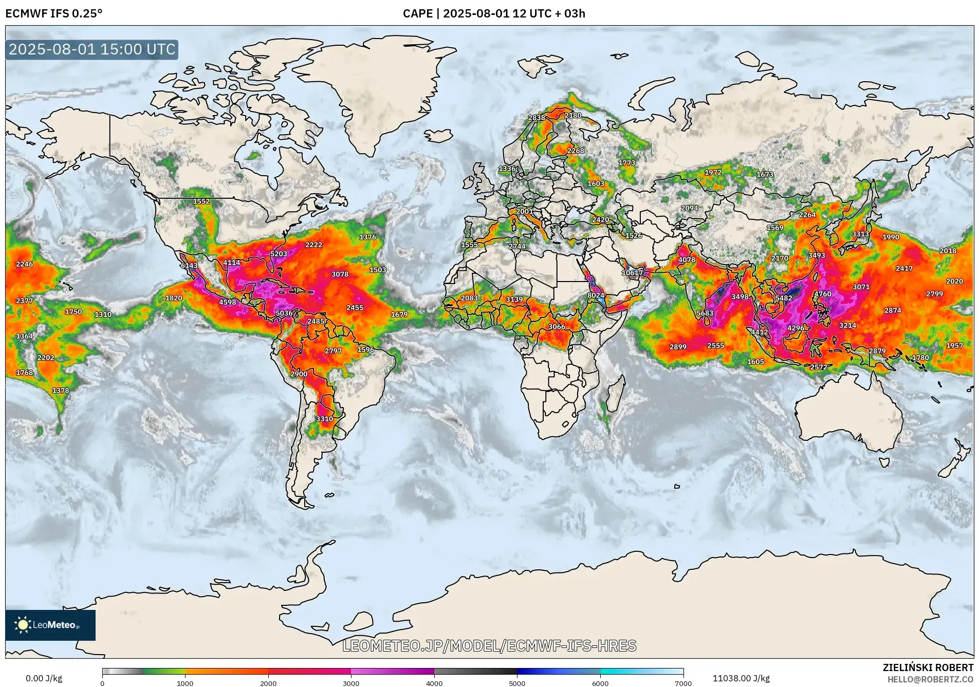 ECMWF IFS 0.25° model - 世界, CAPE ECMWF IFS 0.25° model - 世界, CAPE