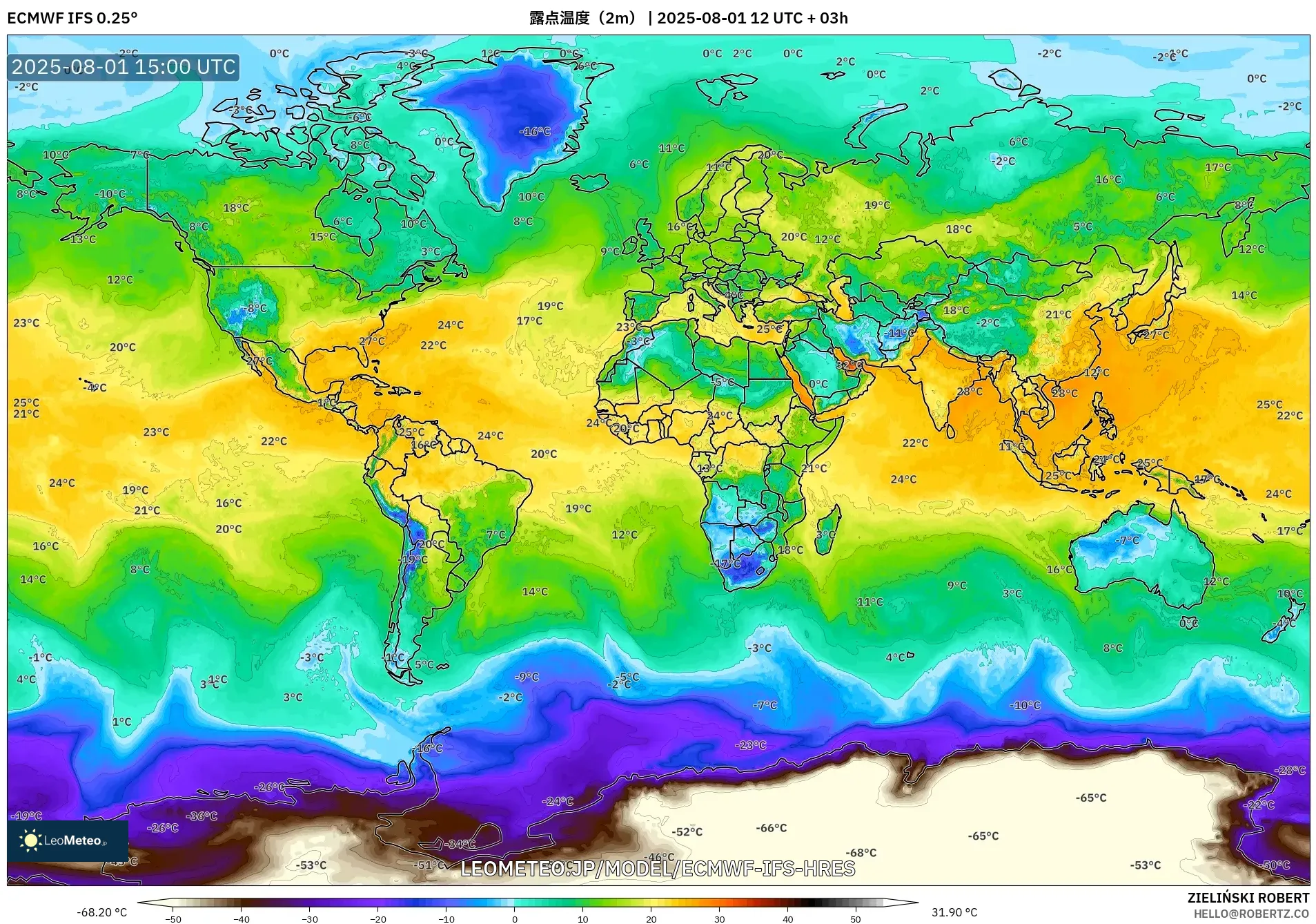 ECMWF IFS 0.25° model - 世界, 露点温度（2m）