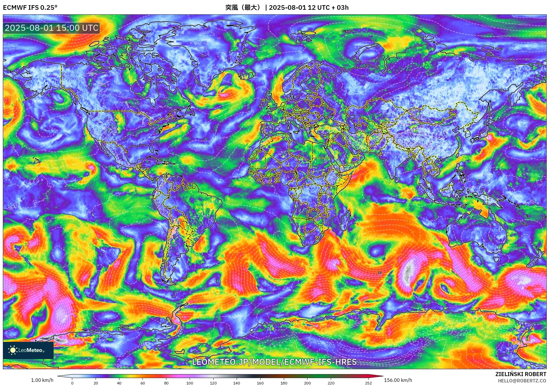 ECMWF IFS 0.25° model - 世界, 突風(最大) ECMWF IFS 0.25° model - 世界, 突風(最大)