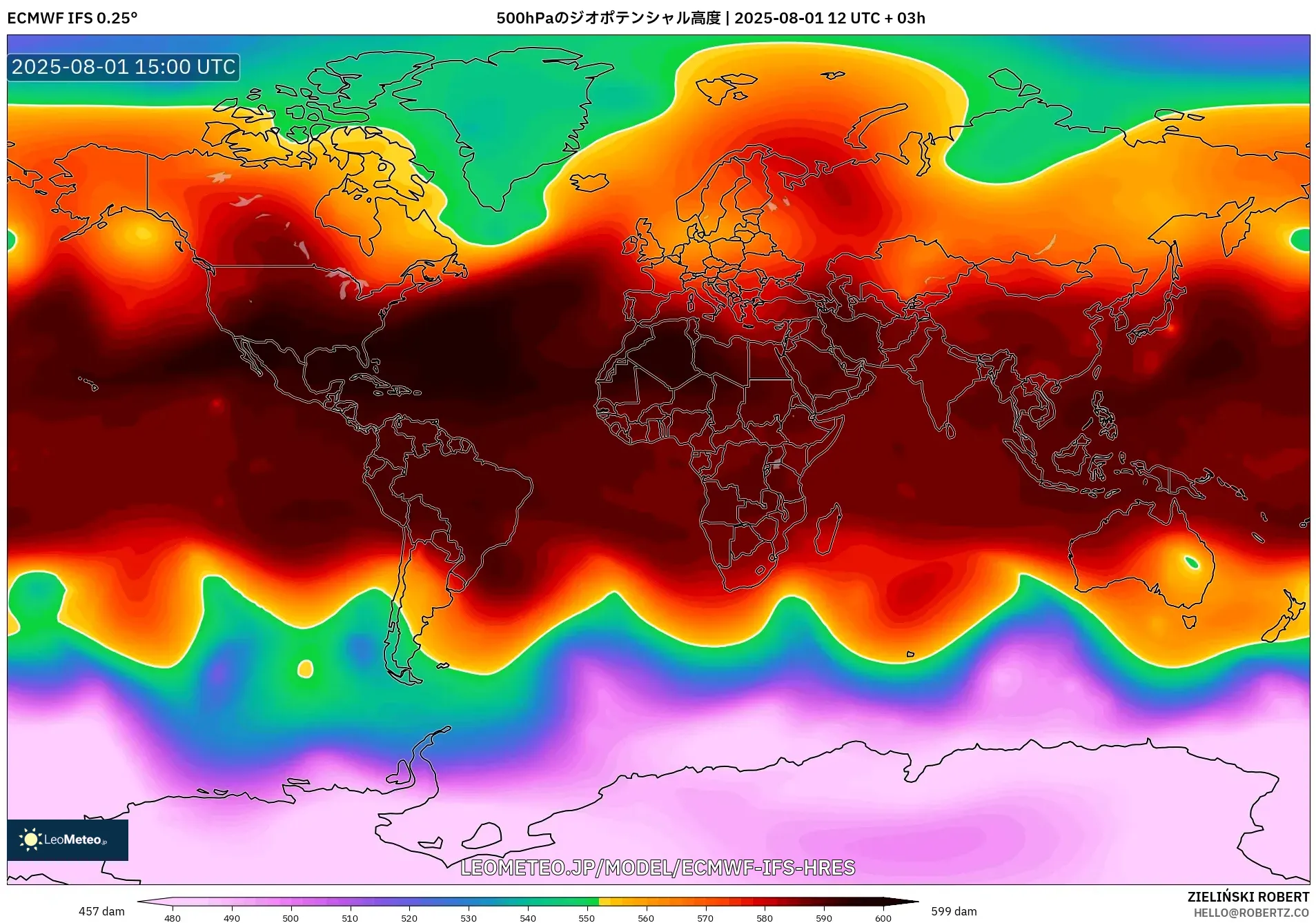 ECMWF IFS 0.25° model - 世界, 500hPaのジオポテンシャル高度 ECMWF IFS 0.25° model - 世界, 500hPaのジオポテンシャル高度
