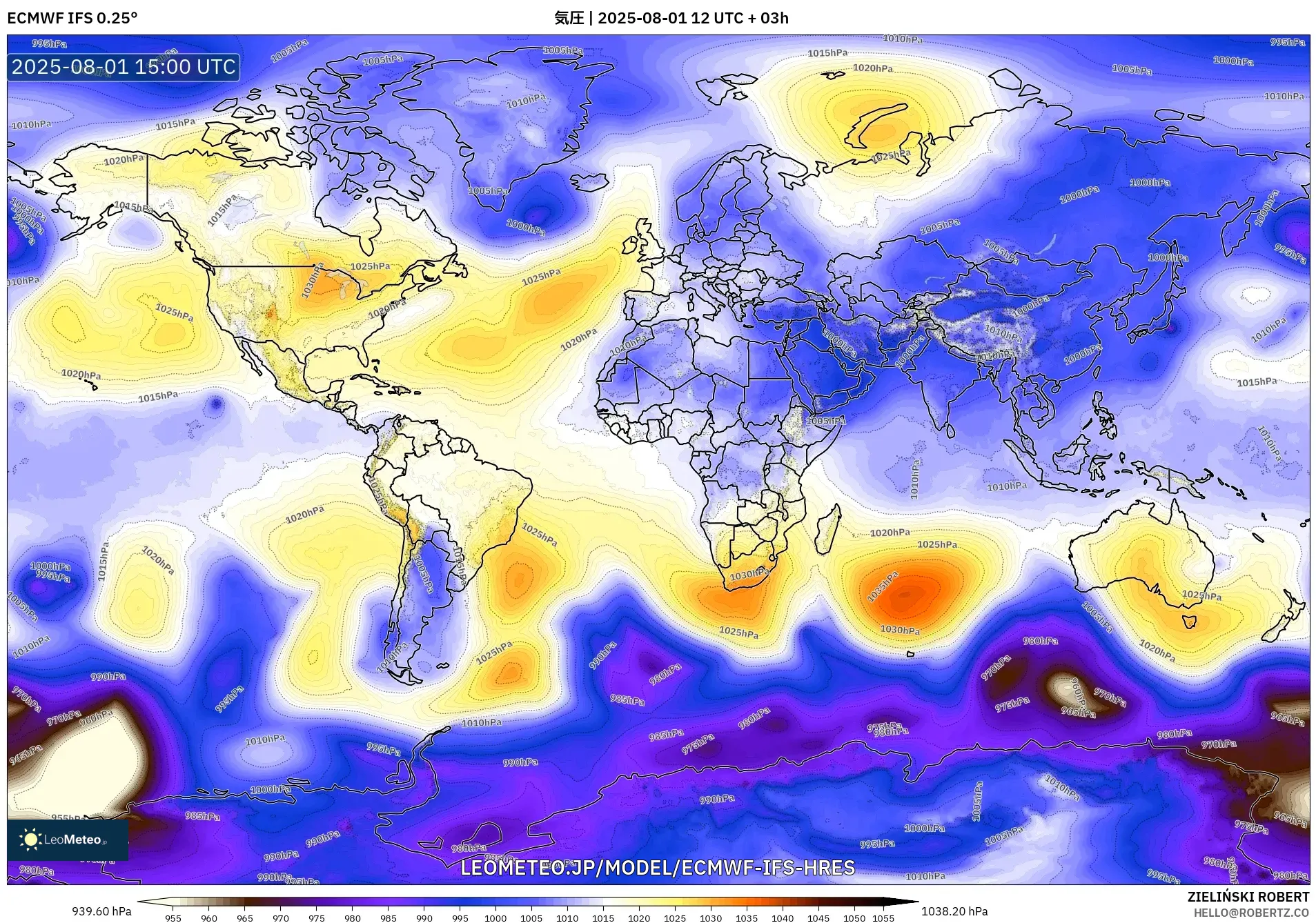 ECMWF IFS 0.25° model - 世界, 気圧 ECMWF IFS 0.25° model - 世界, 気圧