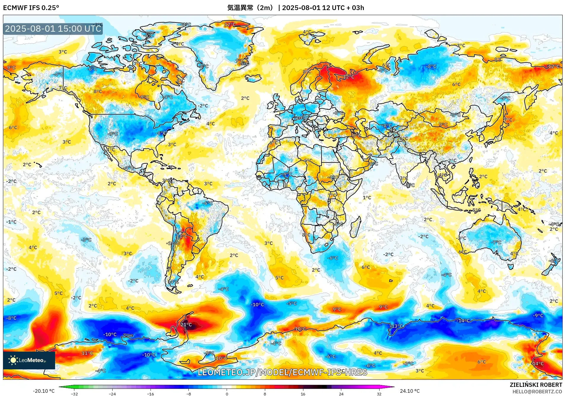 ECMWF IFS 0.25° model - 世界, 気温異常（2m）
