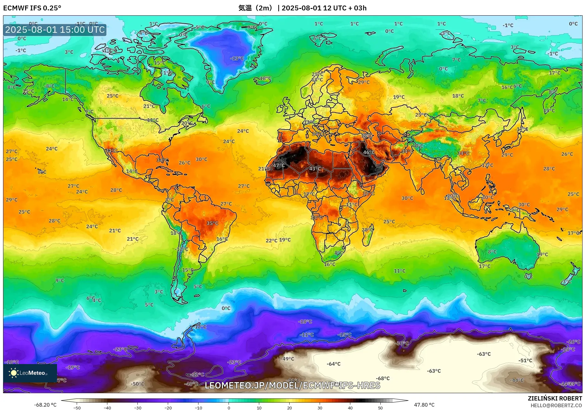 ECMWF IFS 0.25° model - 世界, 気温（2m）
