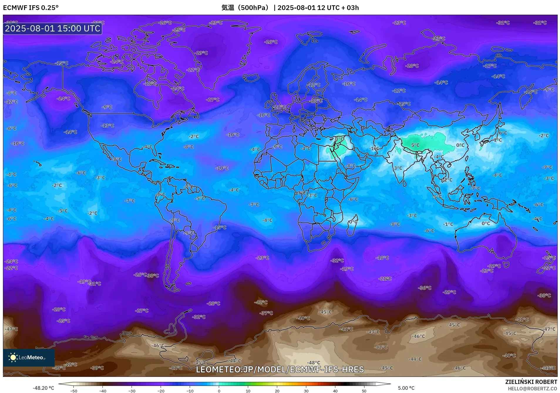 ECMWF IFS 0.25° model - 世界, 気温（500hPa）