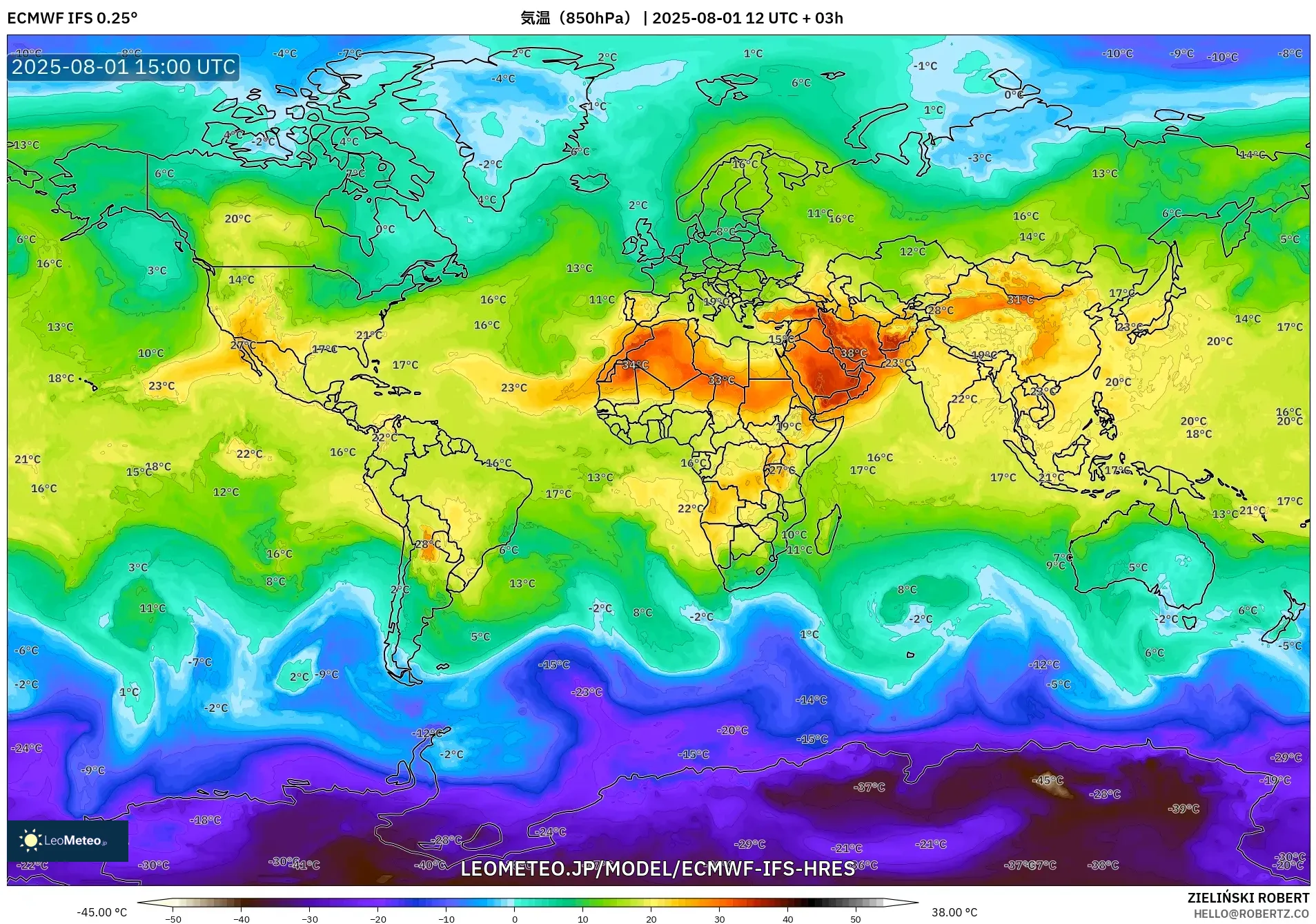 ECMWF IFS 0.25° model - 世界, 気温(850hPa) ECMWF IFS 0.25° model - 世界, 気温(850hPa)