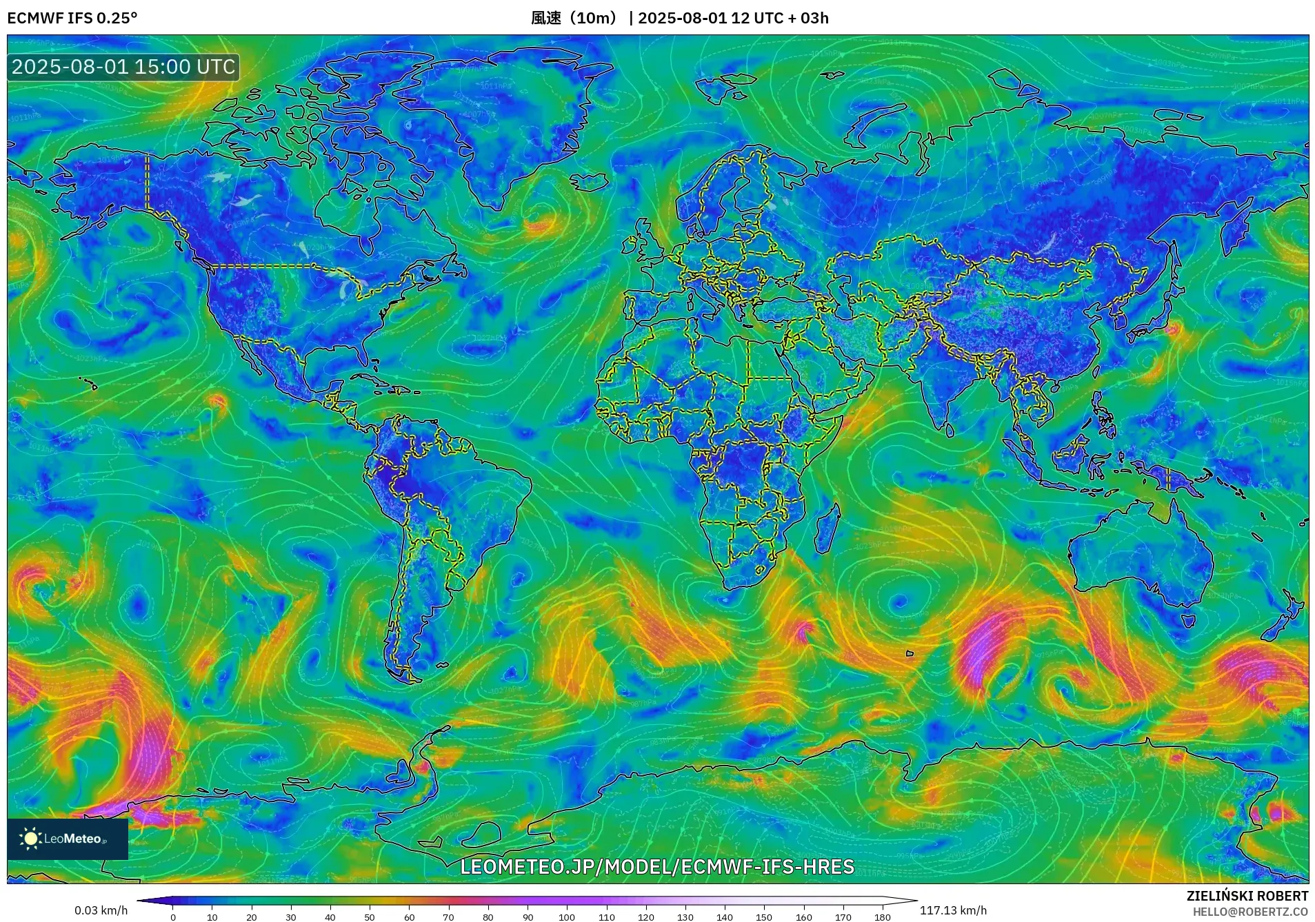 ECMWF IFS 0.25° model - 世界, 風速（10m）