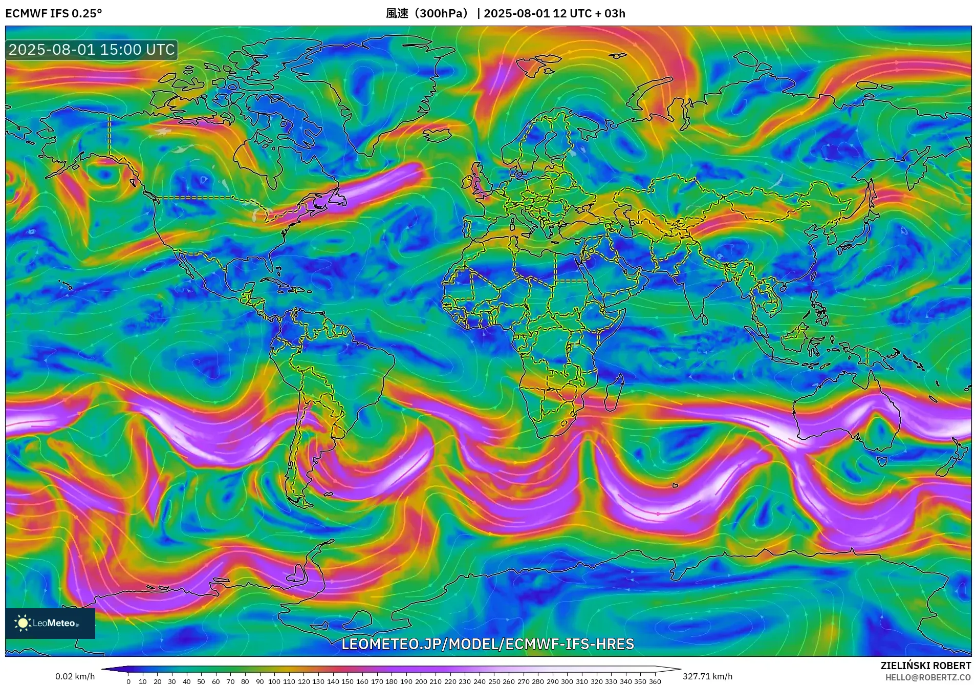 ECMWF IFS 0.25° model - 世界, 風速（300hPa）