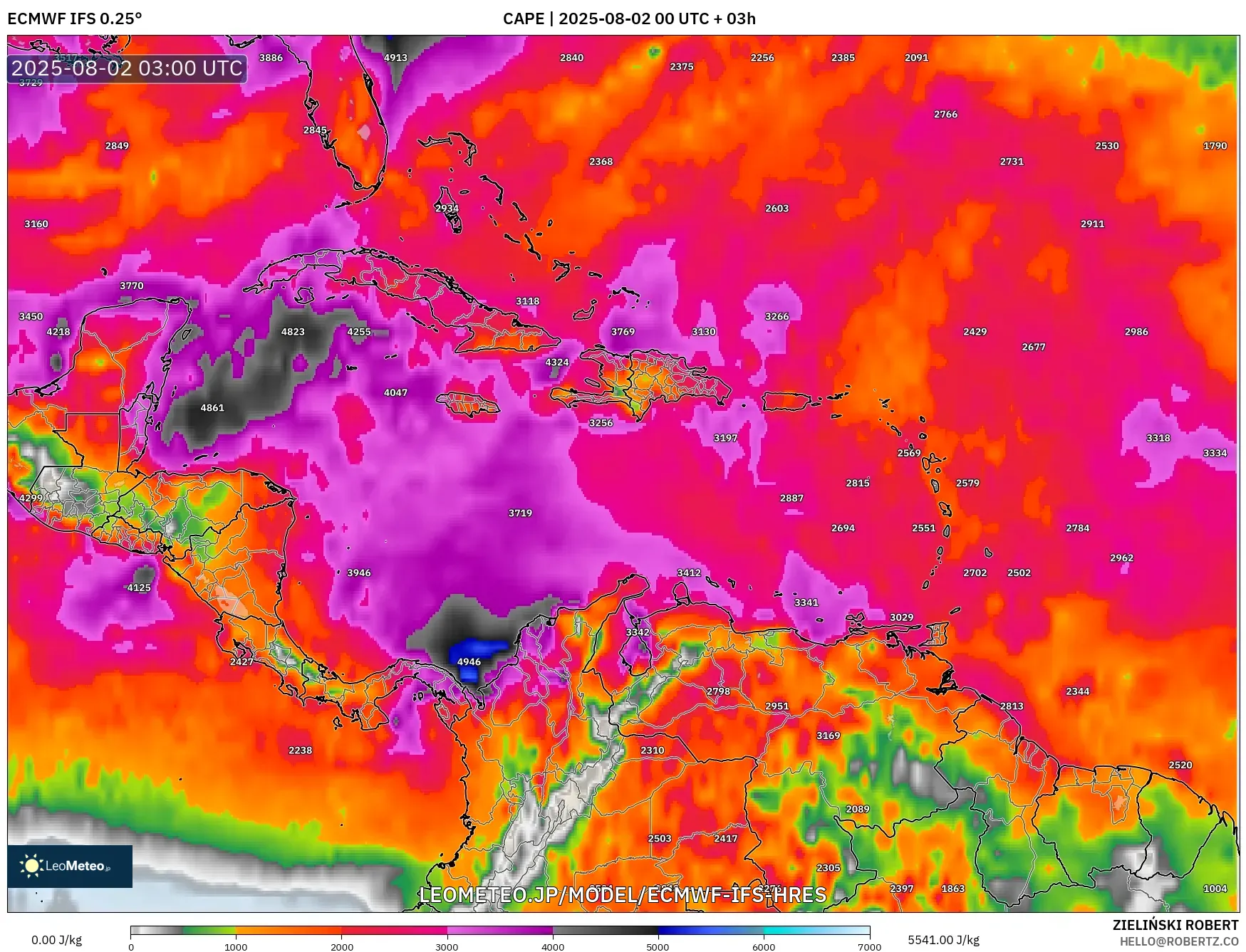 ECMWF IFS 0.25° model - カリブ海, CAPE ECMWF IFS 0.25° model - カリブ海, CAPE
