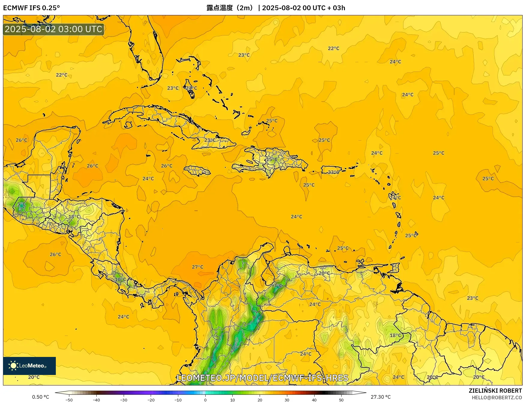 ECMWF IFS 0.25° model - カリブ海, 露点温度(2m) ECMWF IFS 0.25° model - カリブ海, 露点温度(2m)