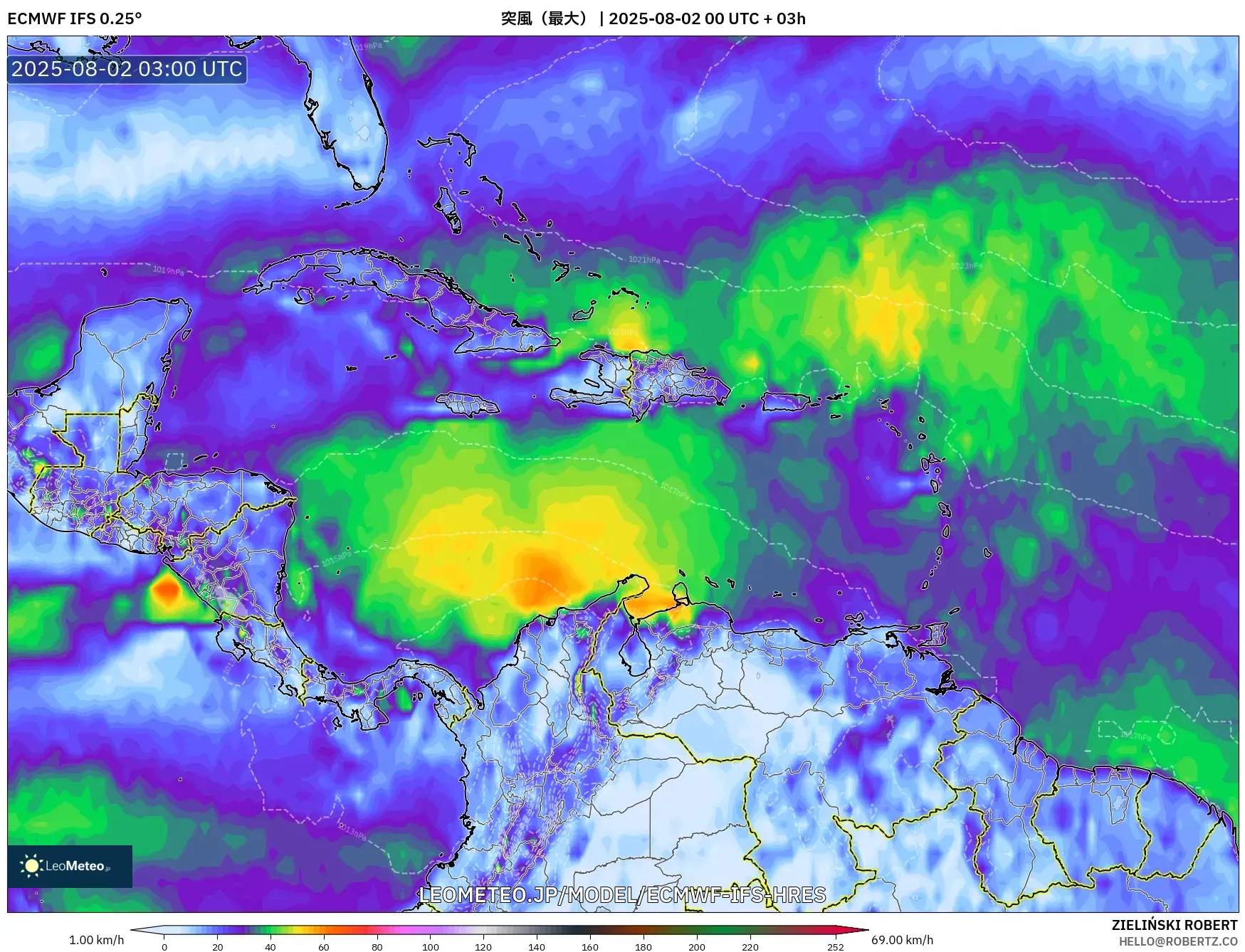 ECMWF IFS 0.25° model - カリブ海, 突風(最大) ECMWF IFS 0.25° model - カリブ海, 突風(最大)
