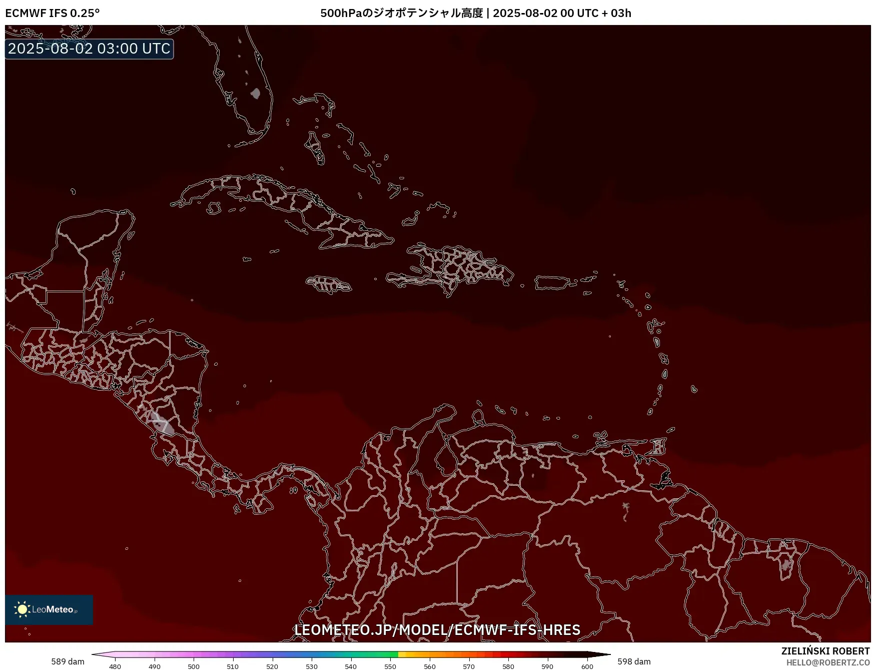 ECMWF IFS 0.25° model - カリブ海, 500hPaのジオポテンシャル高度