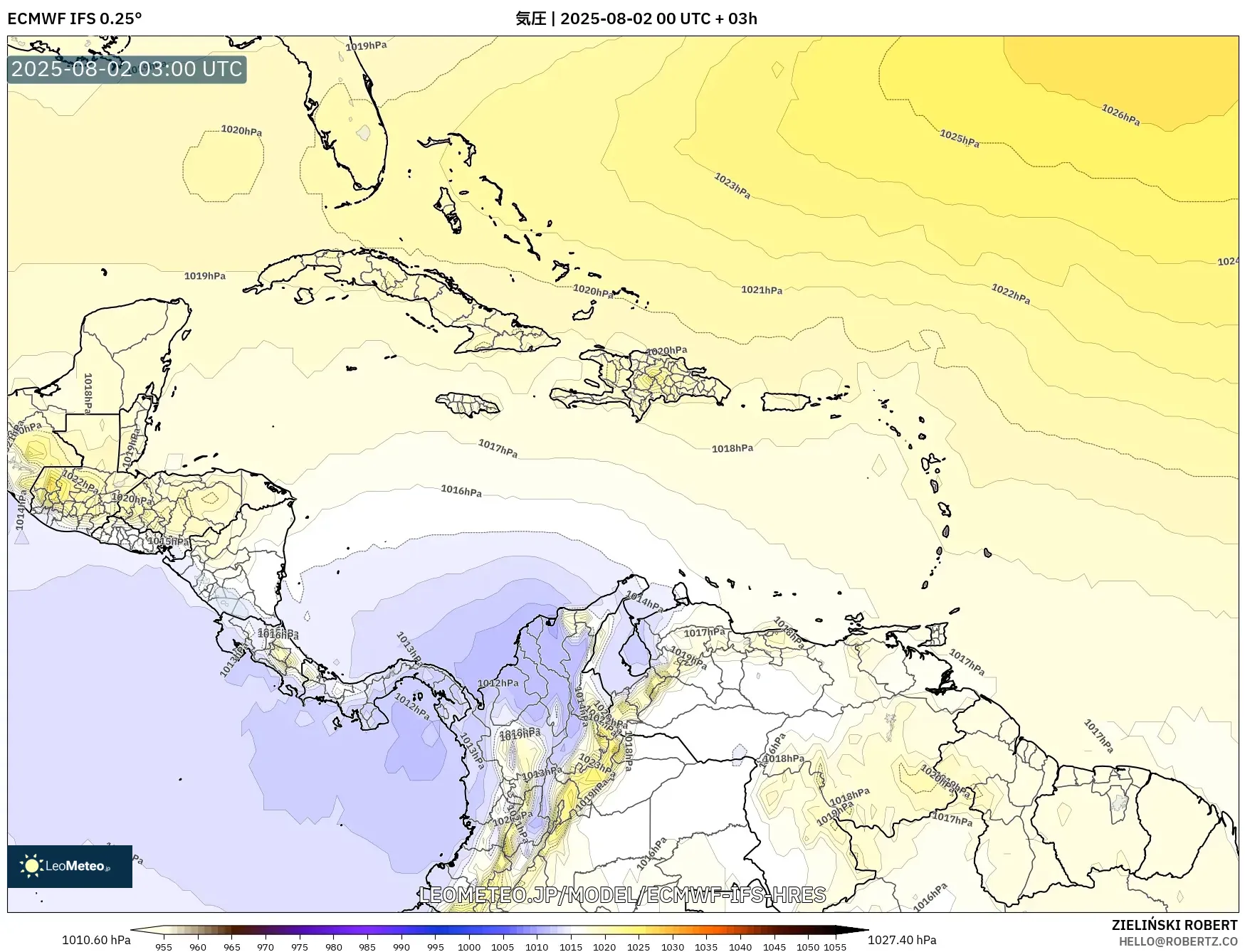 ECMWF IFS 0.25° model - カリブ海, 気圧 ECMWF IFS 0.25° model - カリブ海, 気圧