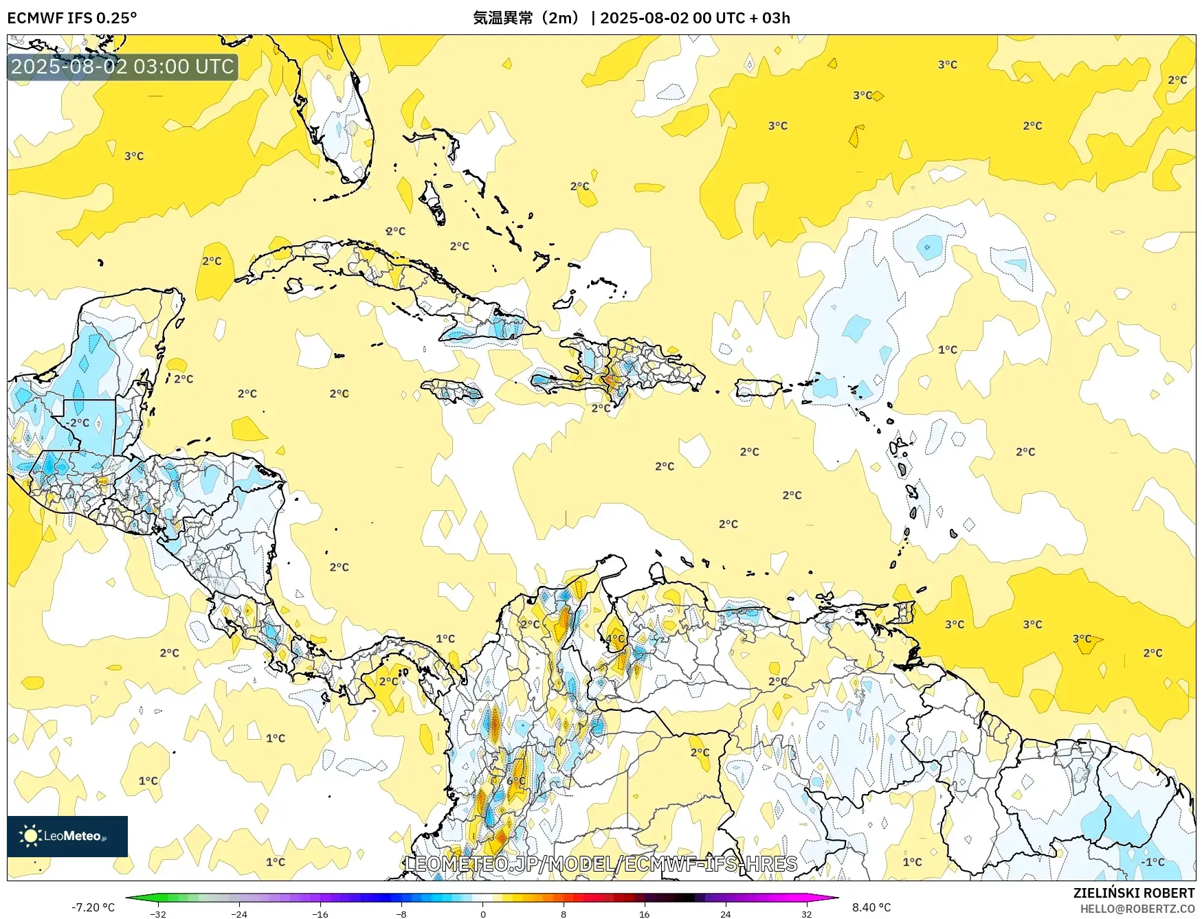 ECMWF IFS 0.25° model - カリブ海, 気温異常（2m）