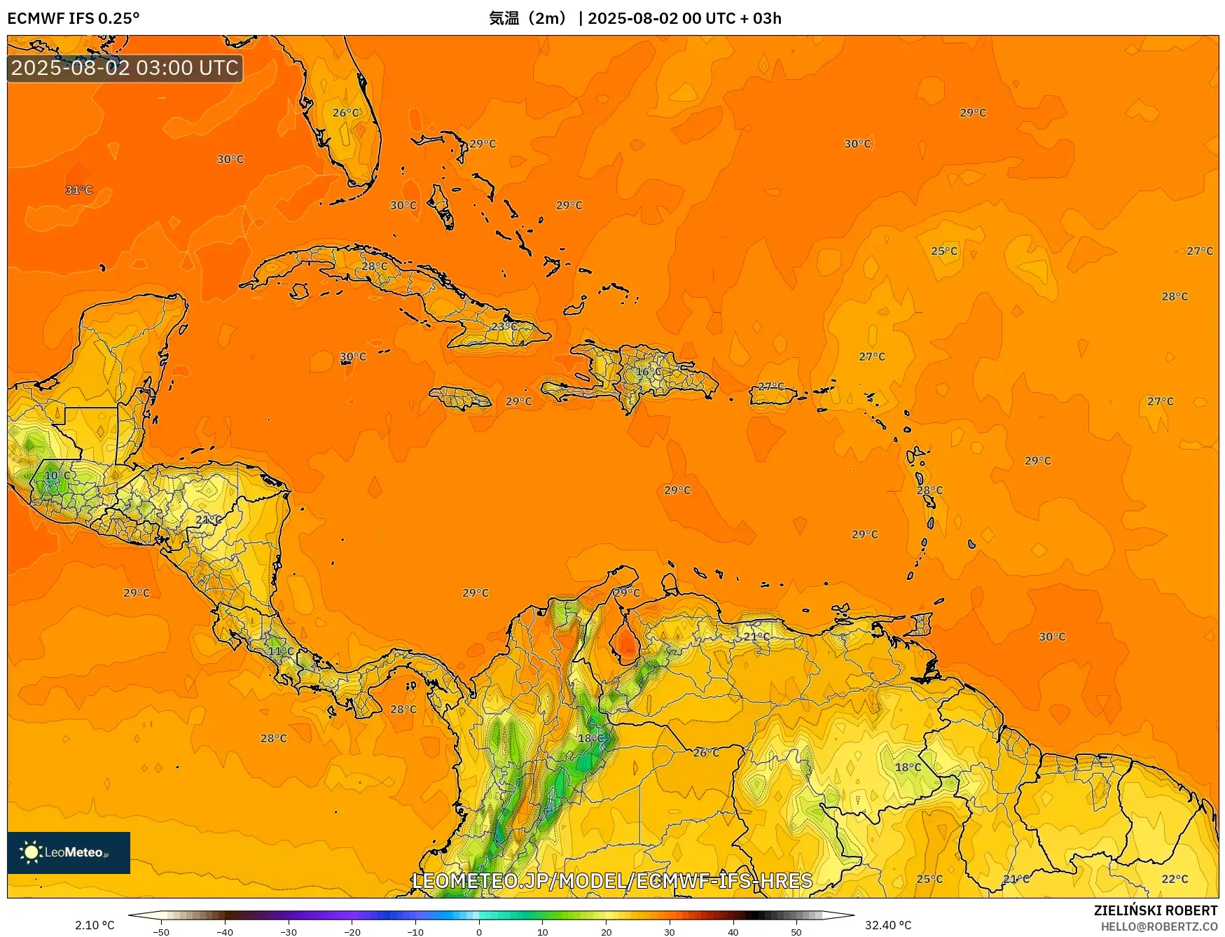 ECMWF IFS 0.25° model - カリブ海, 気温(2m) ECMWF IFS 0.25° model - カリブ海, 気温(2m)