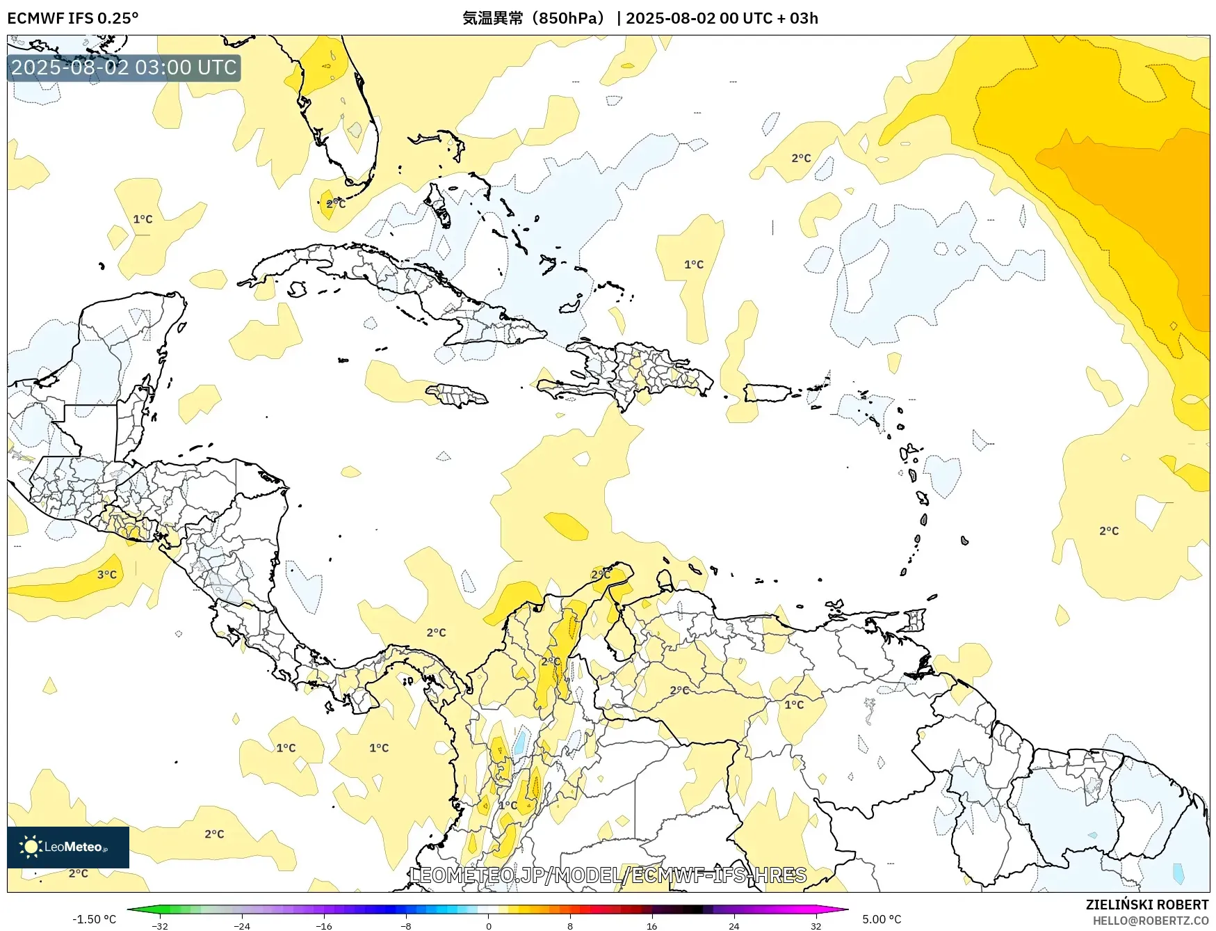 ECMWF IFS 0.25° model - カリブ海, 気温異常(850hPa) ECMWF IFS 0.25° model - カリブ海, 気温異常(850hPa)
