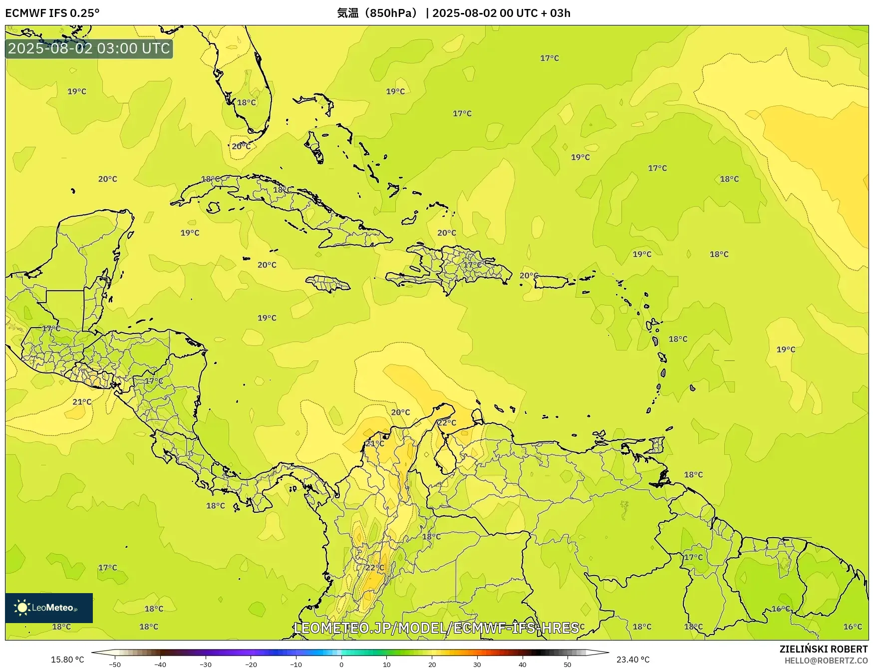 ECMWF IFS 0.25° model - カリブ海, 気温（850hPa）