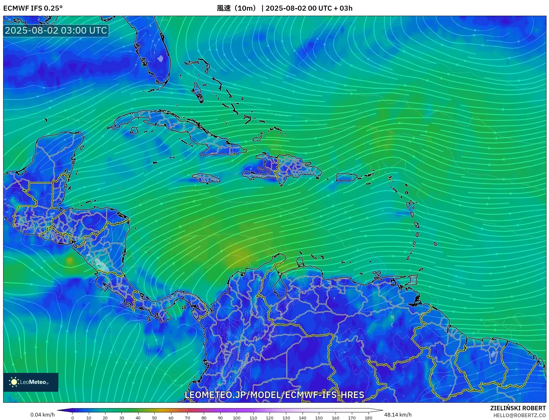ECMWF IFS 0.25° model - カリブ海, 風速（10m）