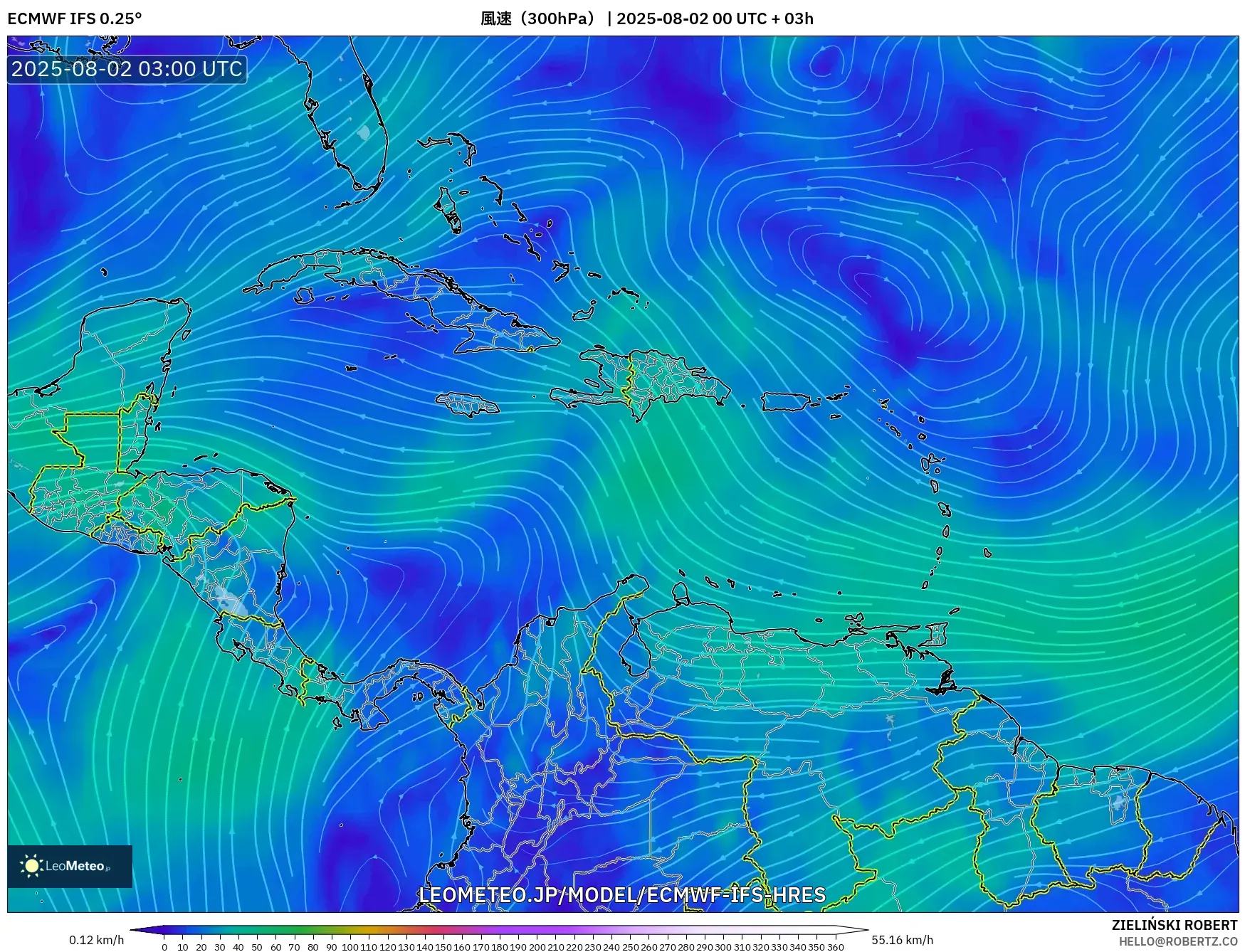 ECMWF IFS 0.25° model - カリブ海, 風速(300hPa) ECMWF IFS 0.25° model - カリブ海, 風速(300hPa)