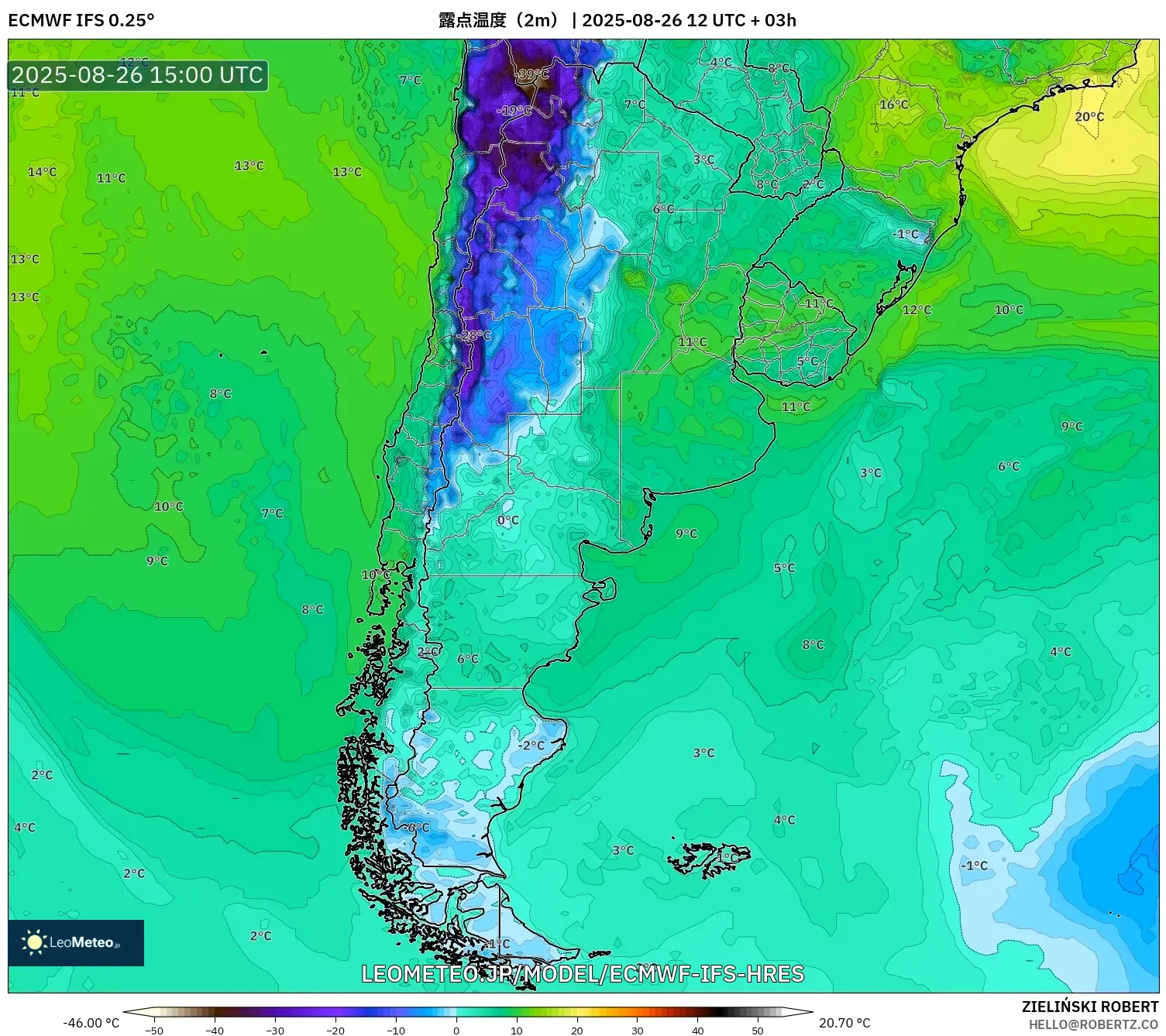 ECMWF IFS 0.25° model - アルゼンチン, 露点温度(2m) ECMWF IFS 0.25° model - アルゼンチン, 露点温度(2m)