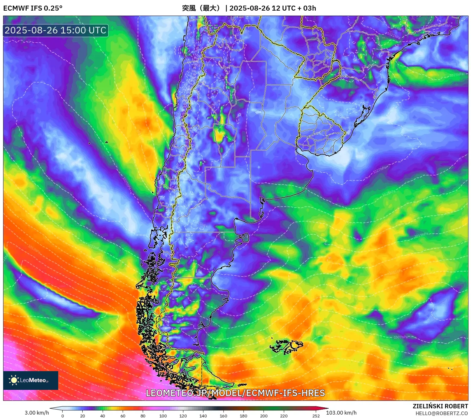 ECMWF IFS 0.25° model - アルゼンチン, 突風(最大) ECMWF IFS 0.25° model - アルゼンチン, 突風(最大)