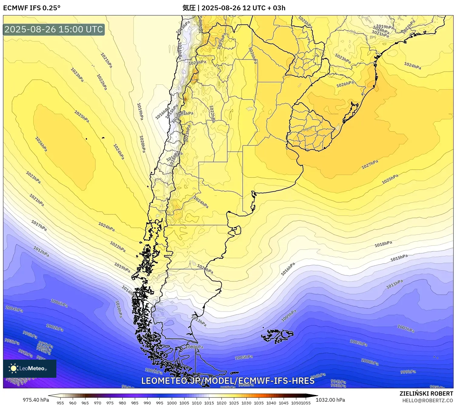 ECMWF IFS 0.25° model - アルゼンチン, 気圧 ECMWF IFS 0.25° model - アルゼンチン, 気圧