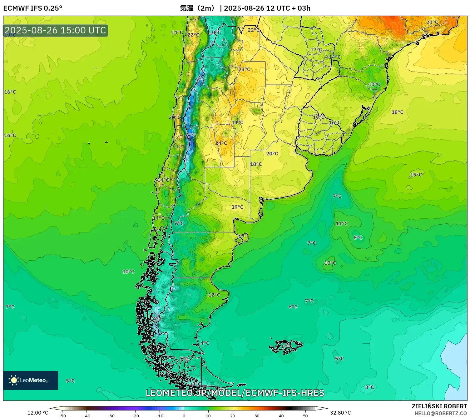 ECMWF IFS 0.25° model - アルゼンチン, 気温(2m) ECMWF IFS 0.25° model - アルゼンチン, 気温(2m)