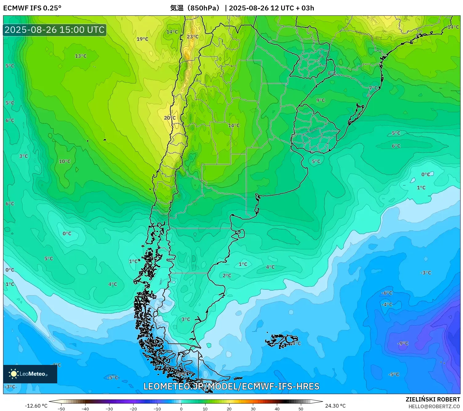 ECMWF IFS 0.25° model - アルゼンチン, 気温（850hPa）