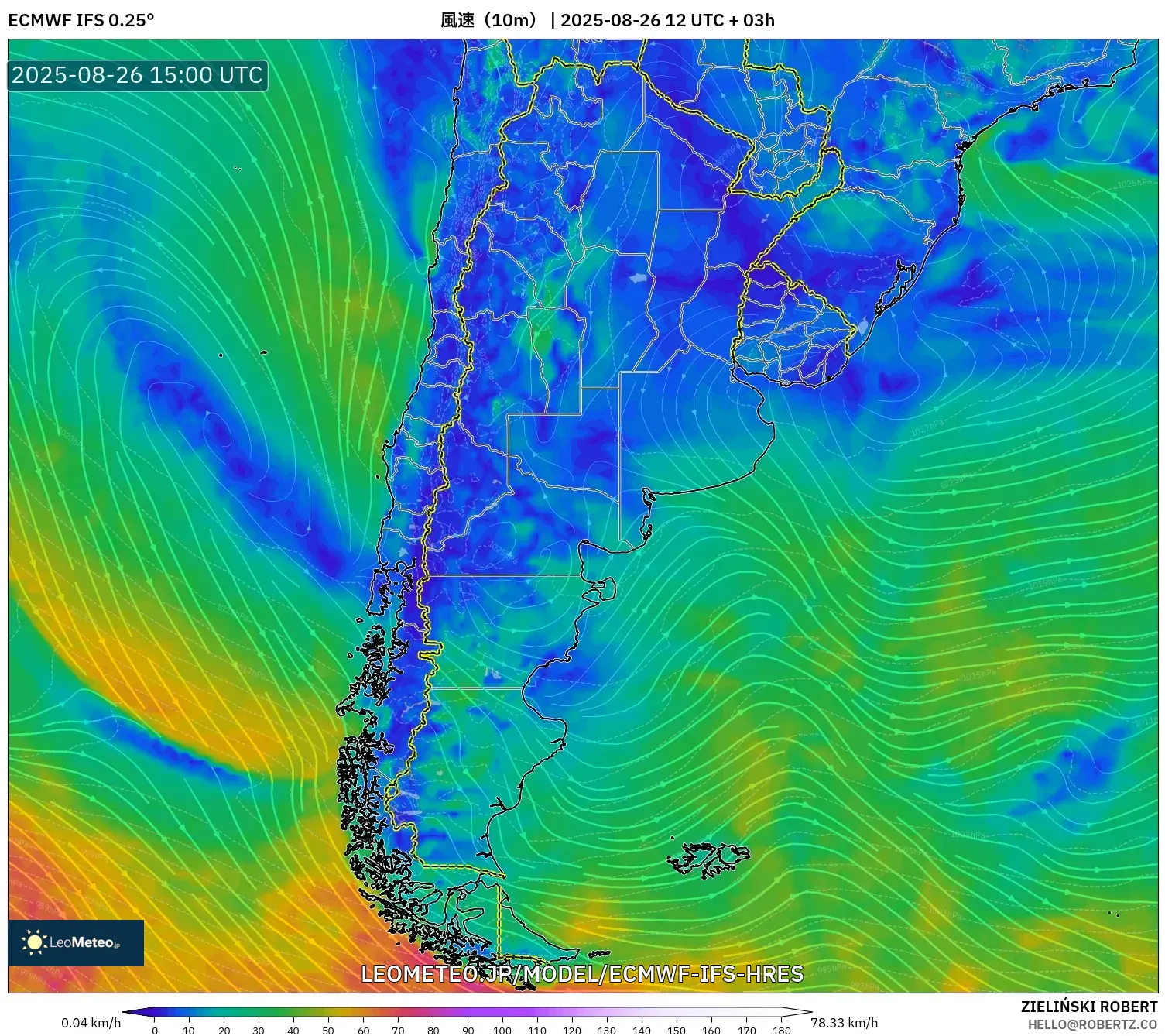 ECMWF IFS 0.25° model - アルゼンチン, 風速（10m）