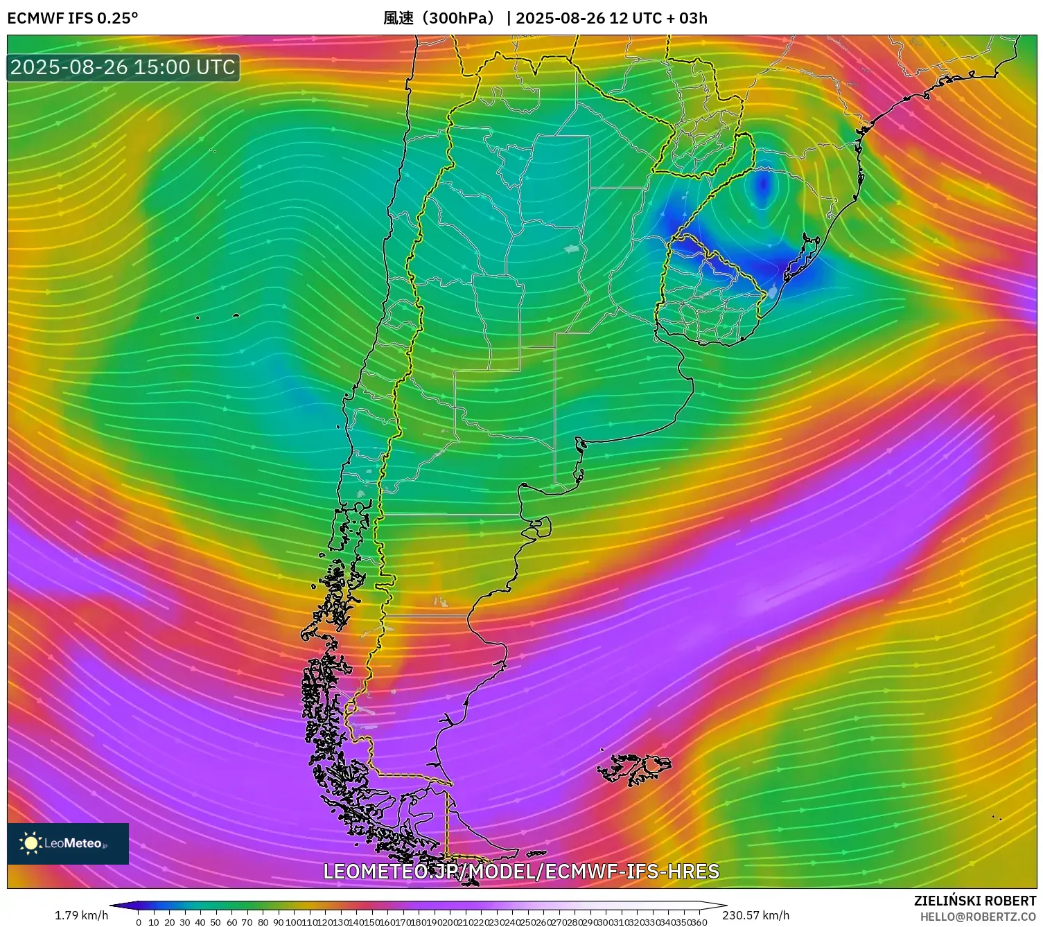 ECMWF IFS 0.25° model - アルゼンチン, 風速(300hPa) ECMWF IFS 0.25° model - アルゼンチン, 風速(300hPa)