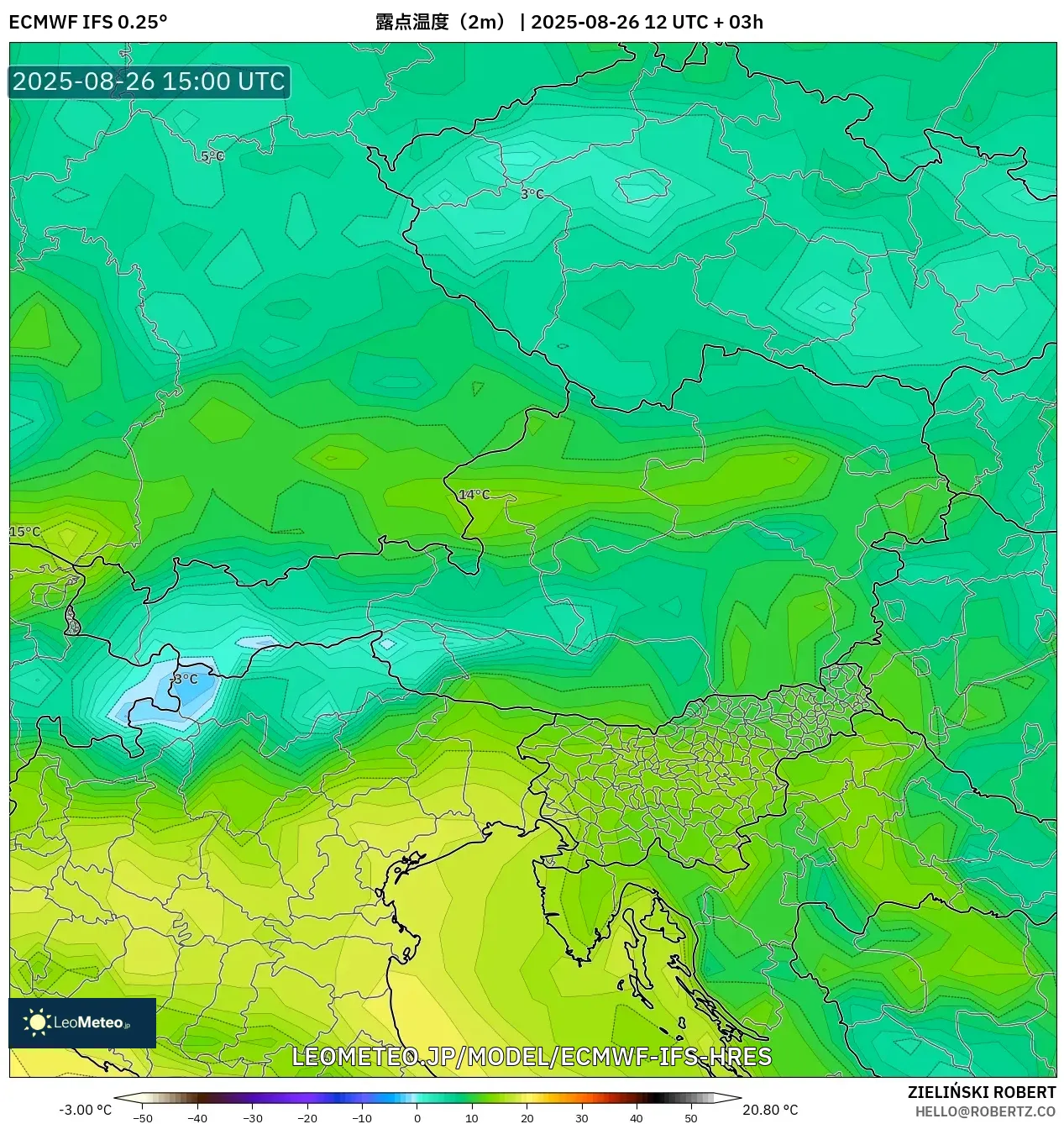 ECMWF IFS 0.25° model - オーストリア, 露点温度(2m) ECMWF IFS 0.25° model - オーストリア, 露点温度(2m)