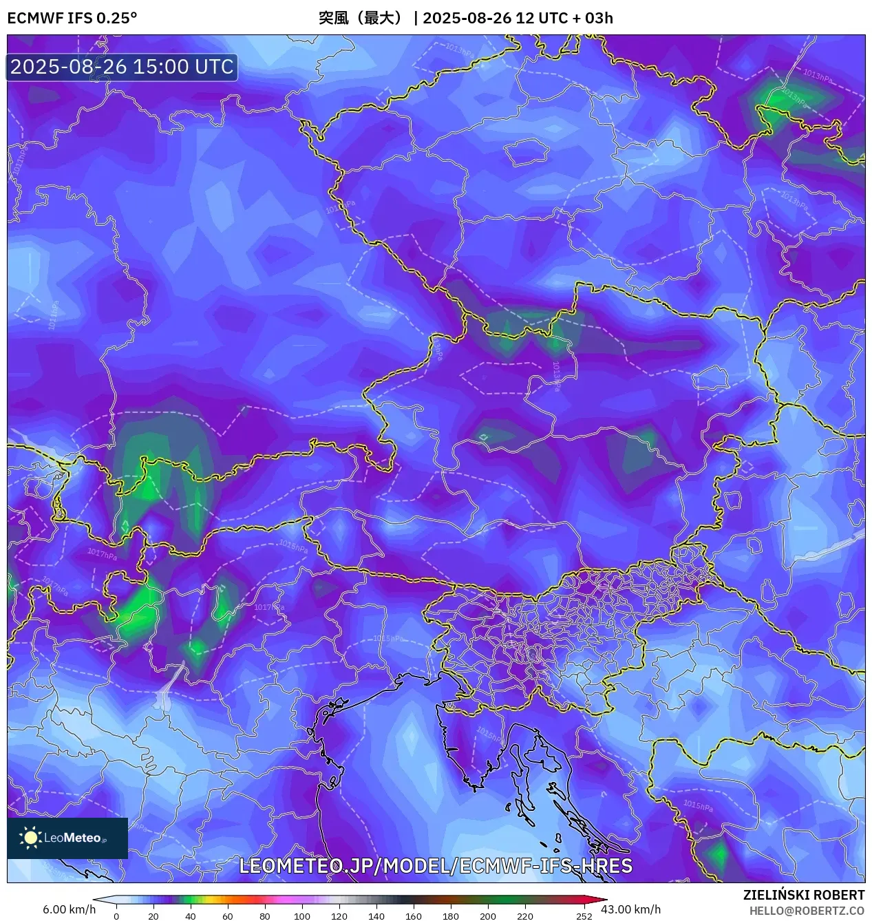 ECMWF IFS 0.25° model - オーストリア, 突風(最大) ECMWF IFS 0.25° model - オーストリア, 突風(最大)
