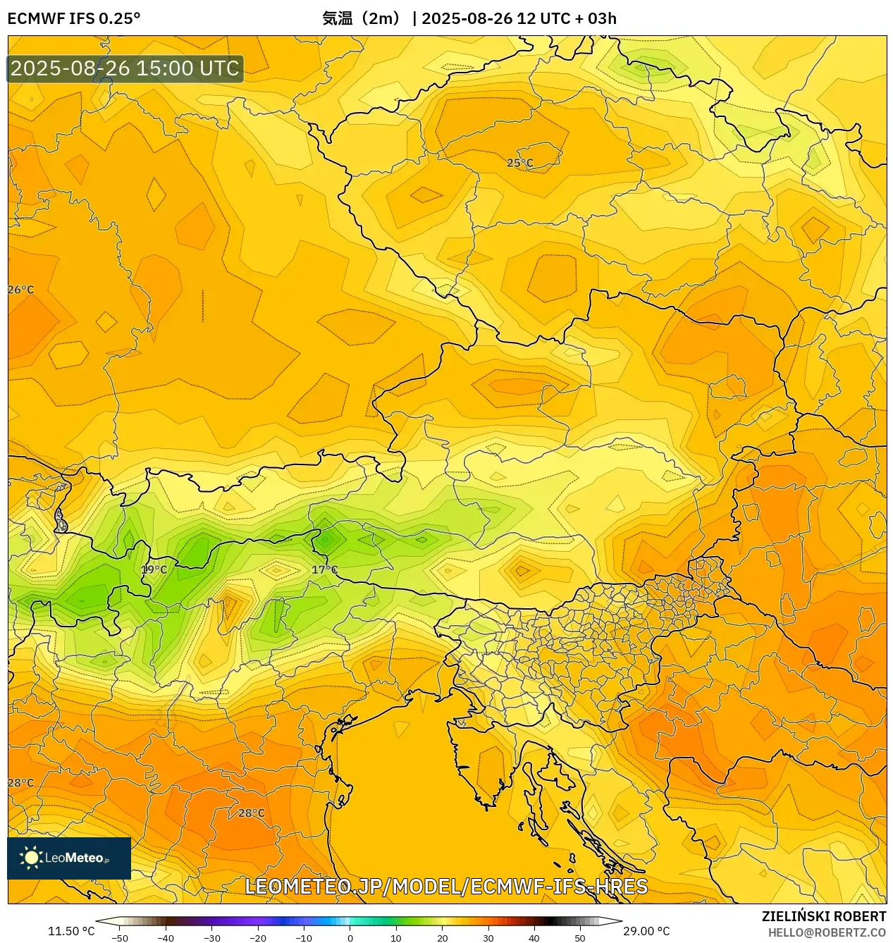 ECMWF IFS 0.25° model - オーストリア, 気温(2m) ECMWF IFS 0.25° model - オーストリア, 気温(2m)