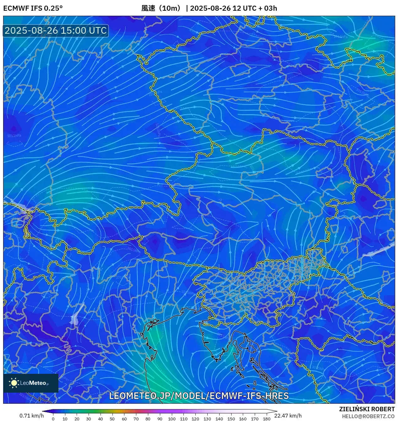 ECMWF IFS 0.25° model - オーストリア, 風速(10m) ECMWF IFS 0.25° model - オーストリア, 風速(10m)