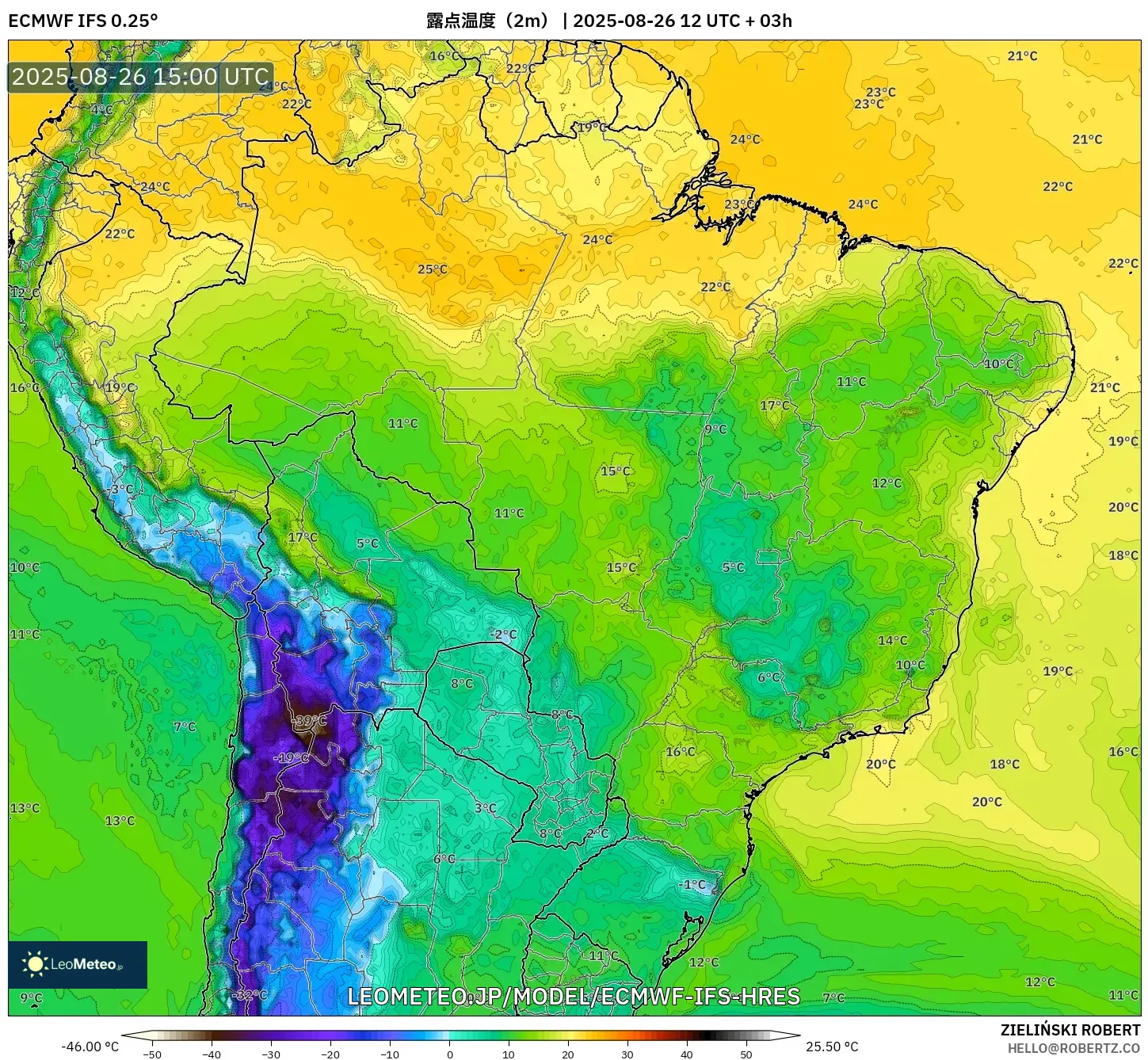 ECMWF IFS 0.25° model - ブラジル, 露点温度（2m）