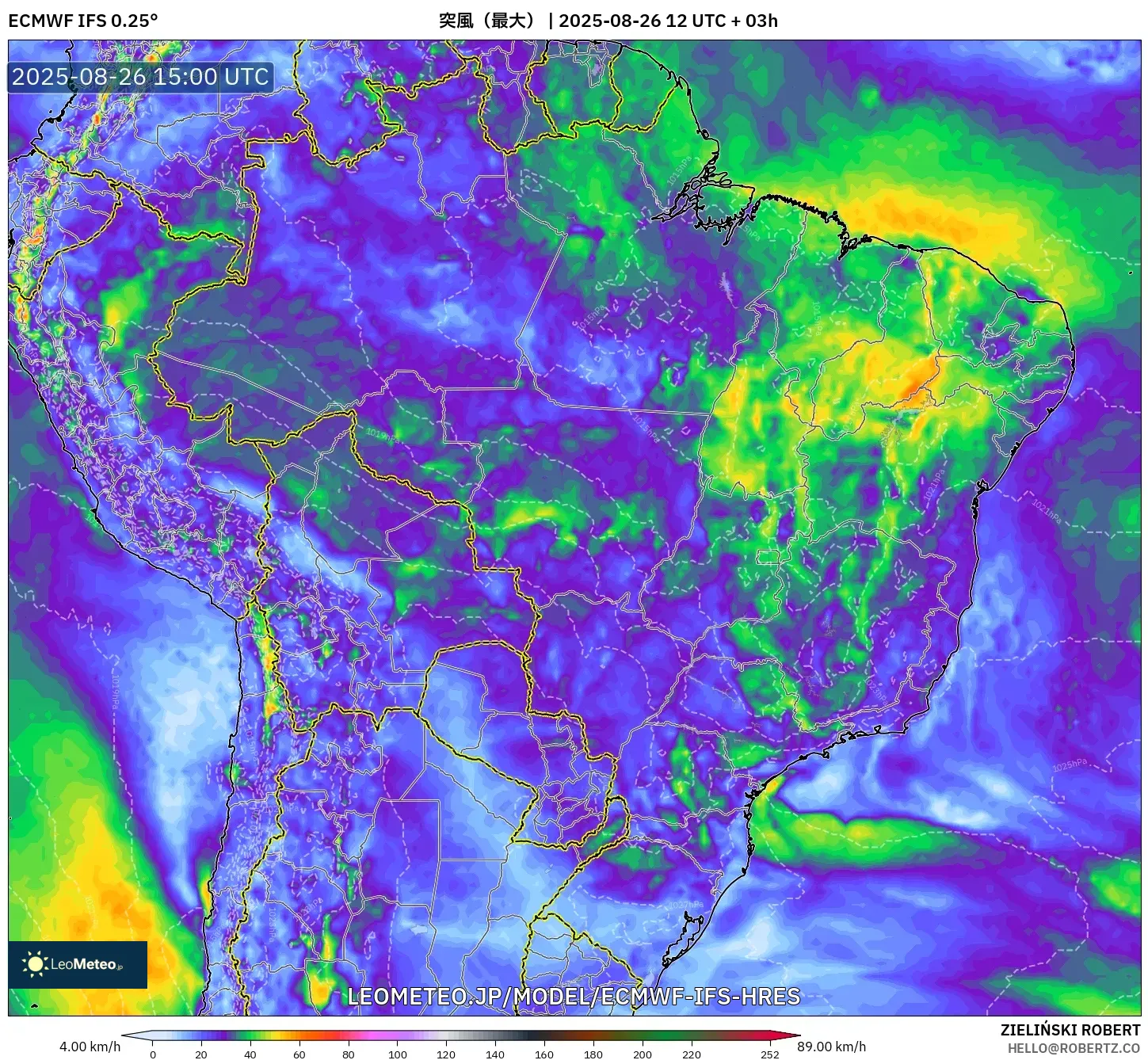 ECMWF IFS 0.25° model - ブラジル, 突風(最大) ECMWF IFS 0.25° model - ブラジル, 突風(最大)